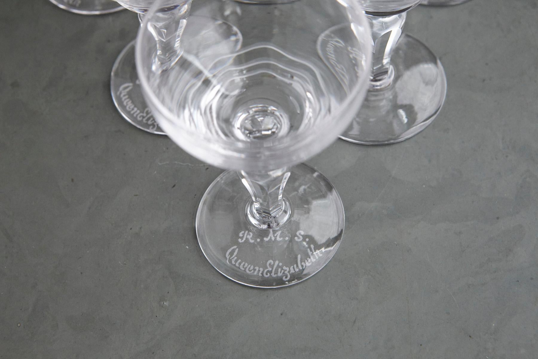 20th Century Cunard Line RMS Queen Elizabeth, Stuart Crystal Set of 6 Glasses in Box, 1940s