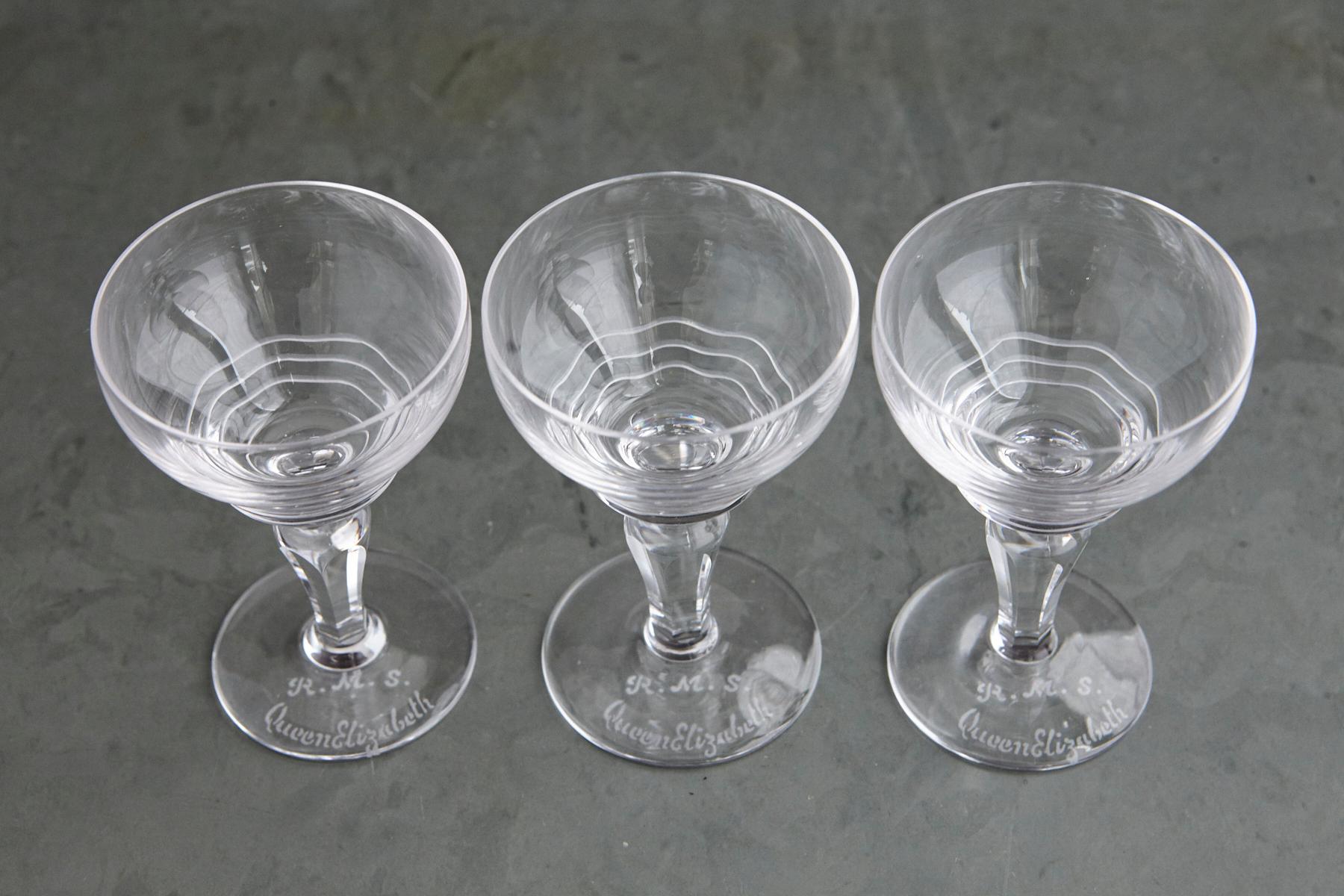 Cunard Line RMS Queen Elizabeth, Stuart Crystal Set of 6 Glasses in Box, 1940s 1