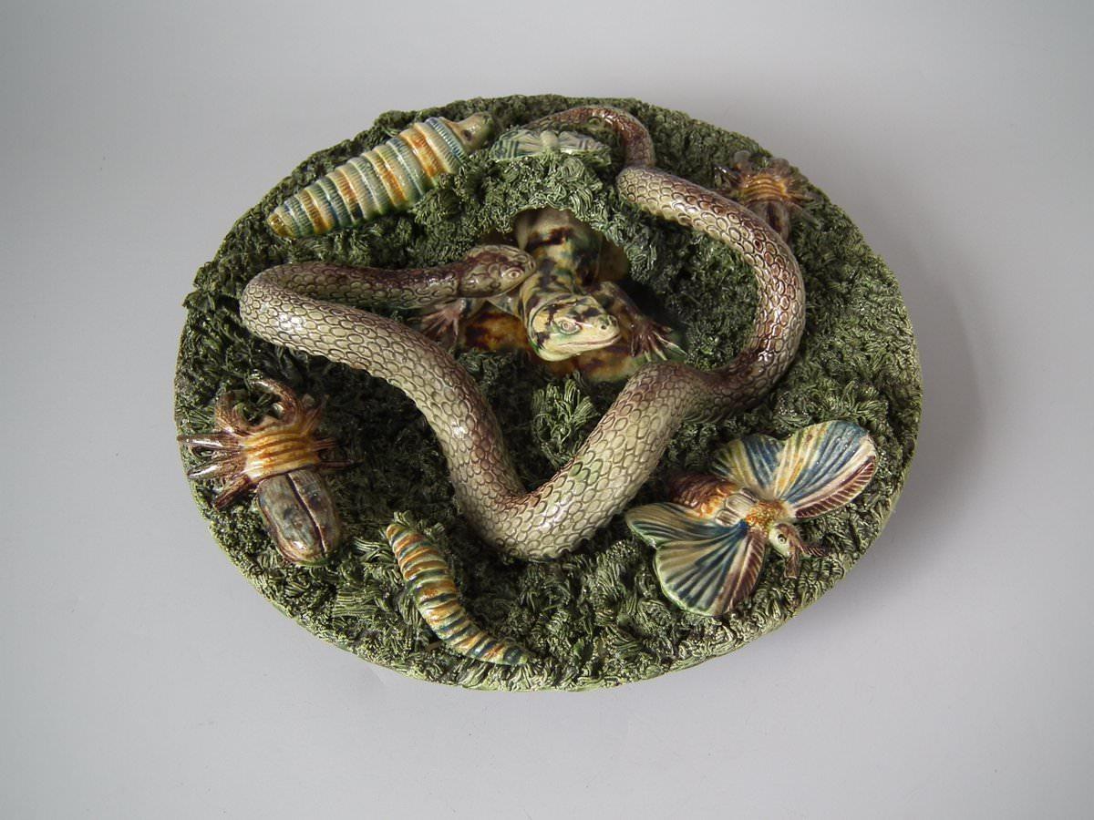 Portuguese Cunha Palissy Majolica Lizard, Snake and Insect Plate