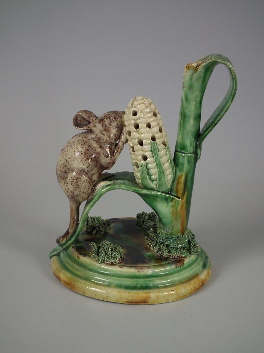 Portuguese Cunha Palissy Majolica Mouse and Corn Toothpick Holder