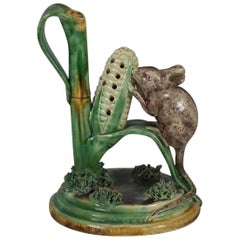 Antique Cunha Palissy Majolica Mouse and Corn Toothpick Holder