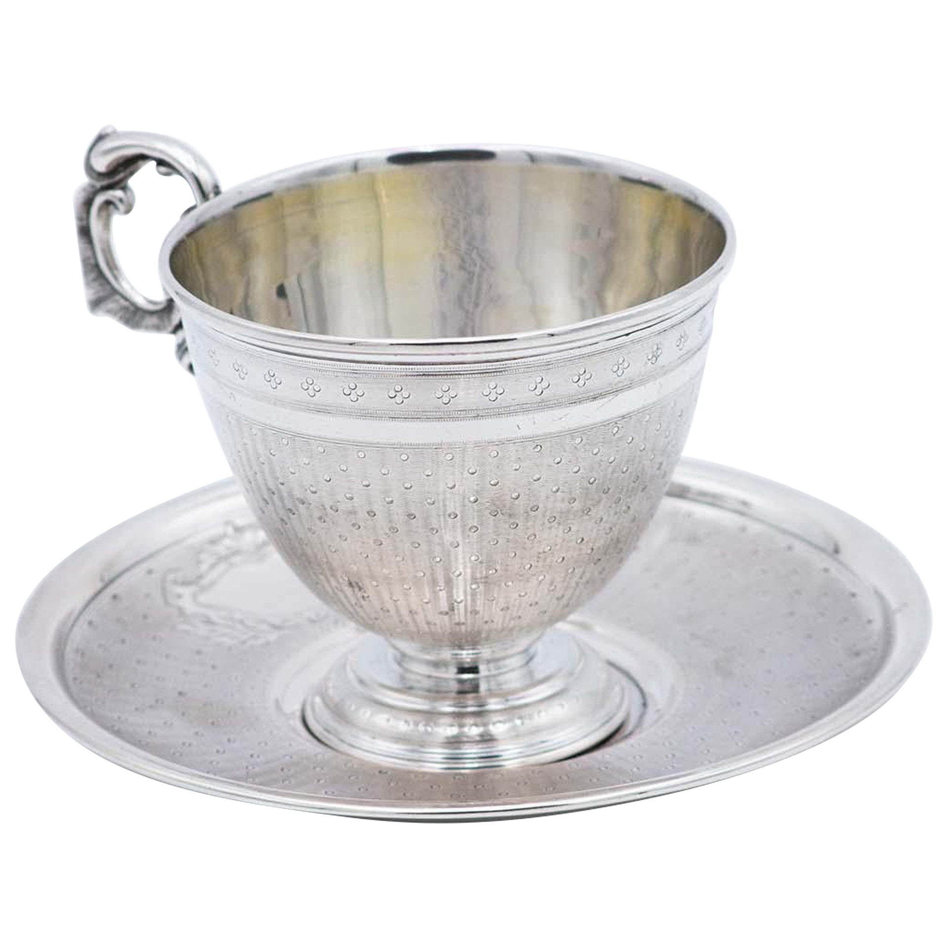 Cup and saucer in guilloche silver with pearlescent reliefs and monogram plaque