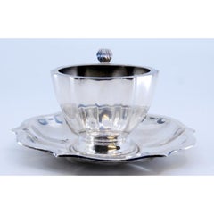 Cup and saucer in smooth silver with ribs and curved handle