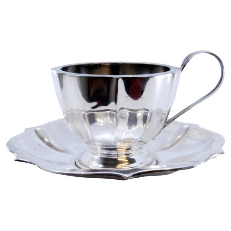 Cup and saucer in smooth silver with ribs and curved handle