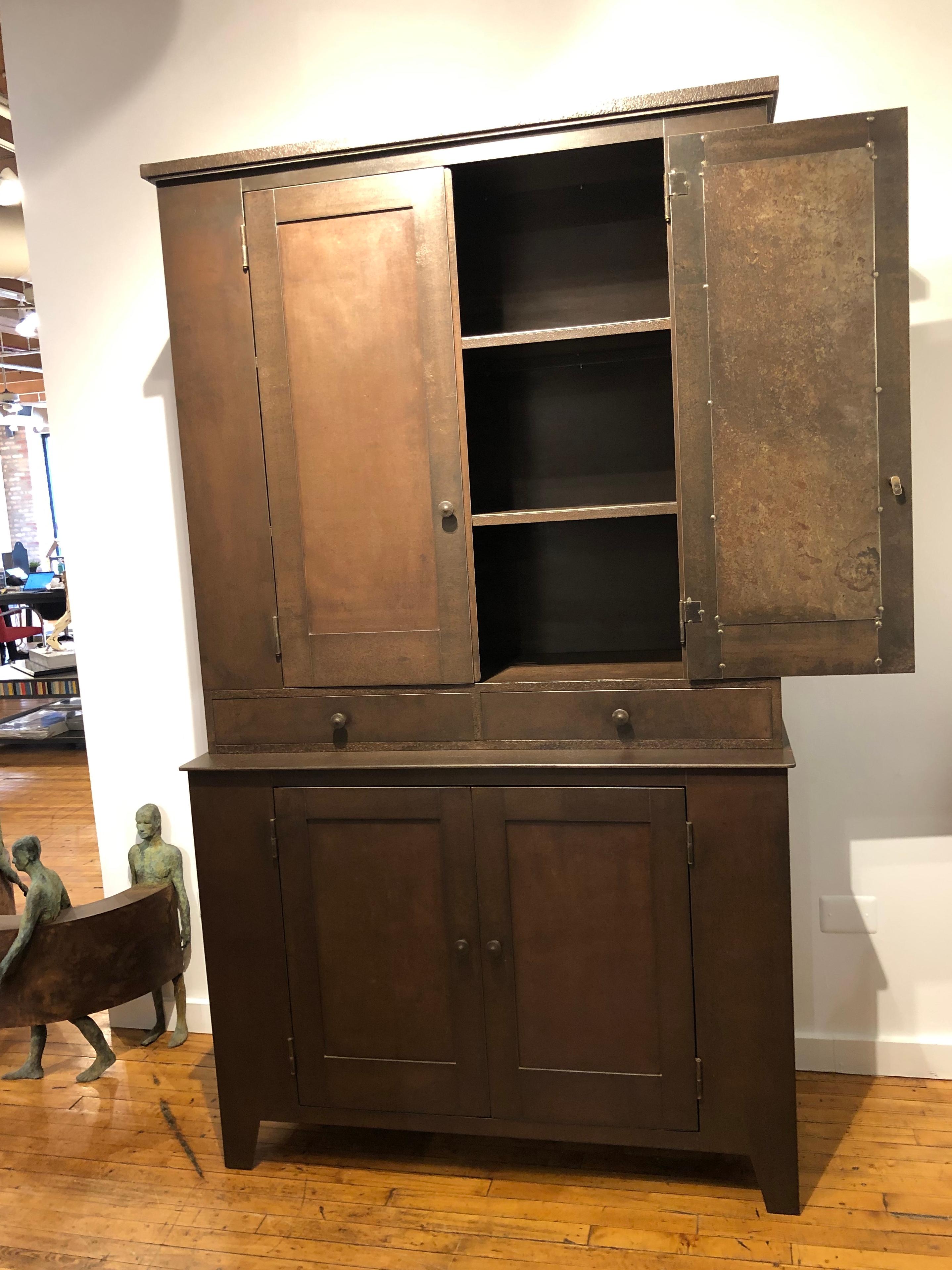 American Cupboard, 4 Doors, 2 Drawer Shaker Style in Steel with Natural Rusted Patina For Sale