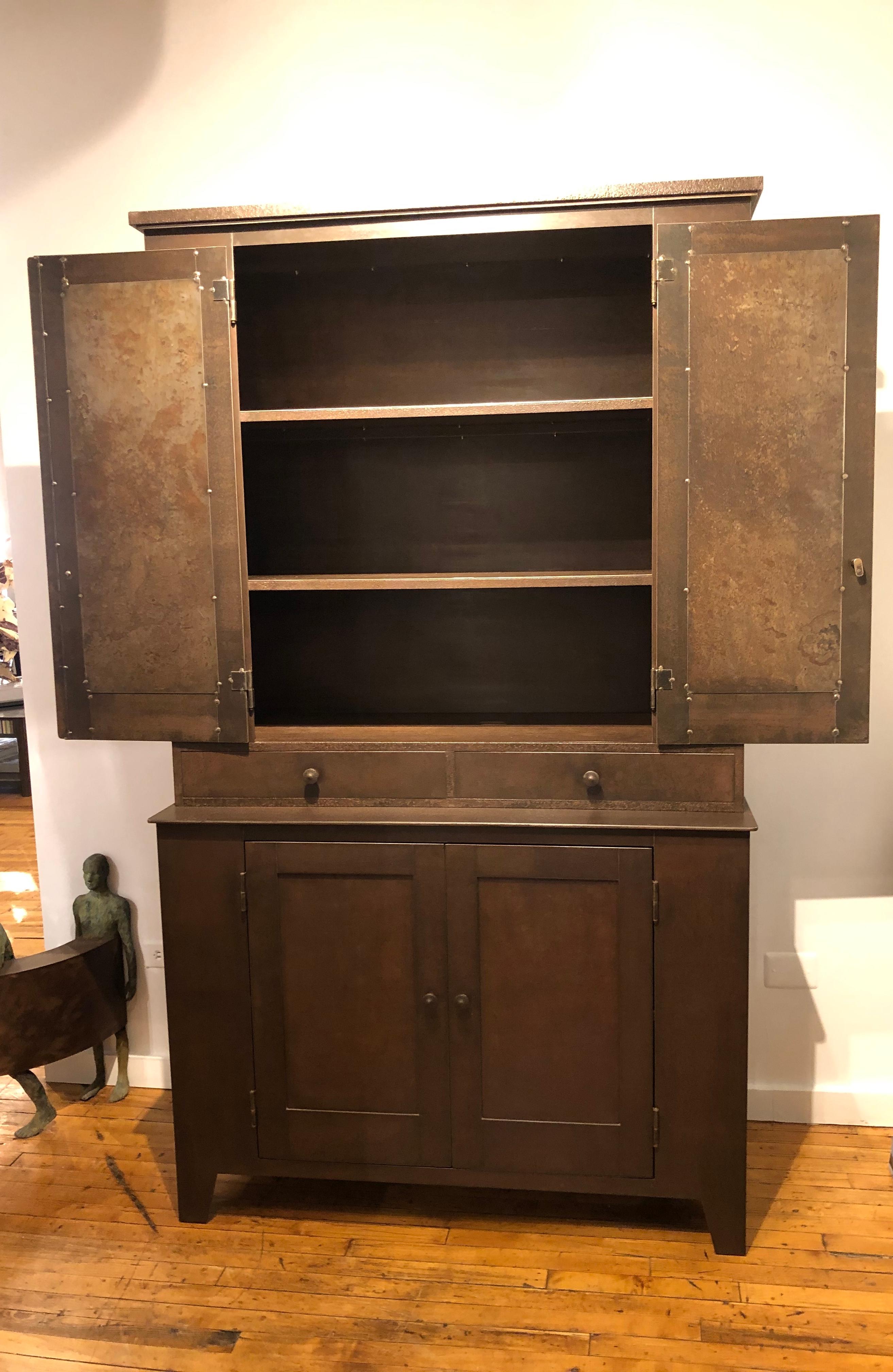 Welded Cupboard, 4 Doors, 2 Drawer Shaker Style in Steel with Natural Rusted Patina For Sale