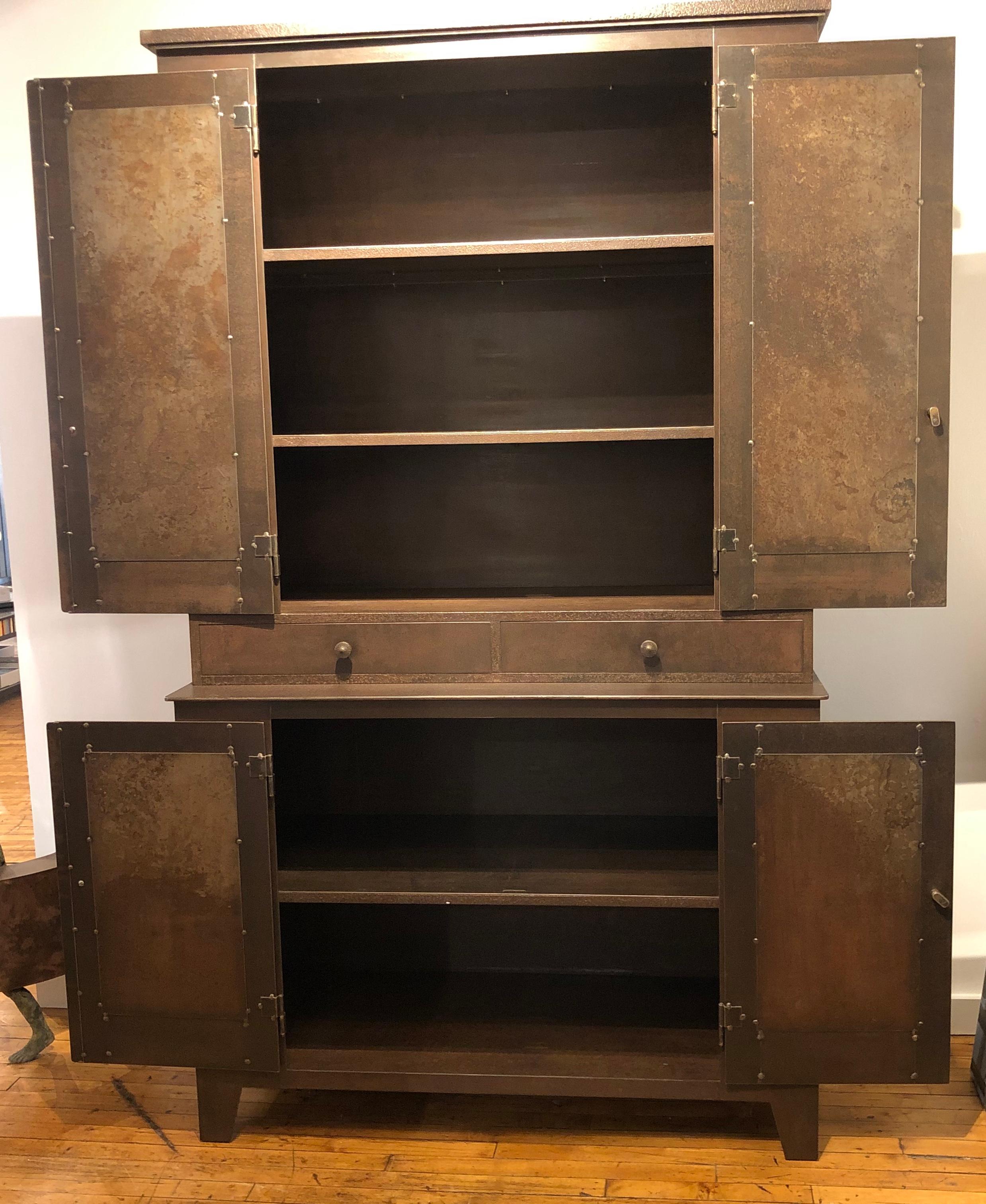 Cupboard, 4 Doors, 2 Drawer Shaker Style in Steel with Natural Rusted Patina In Good Condition For Sale In Chicago, IL