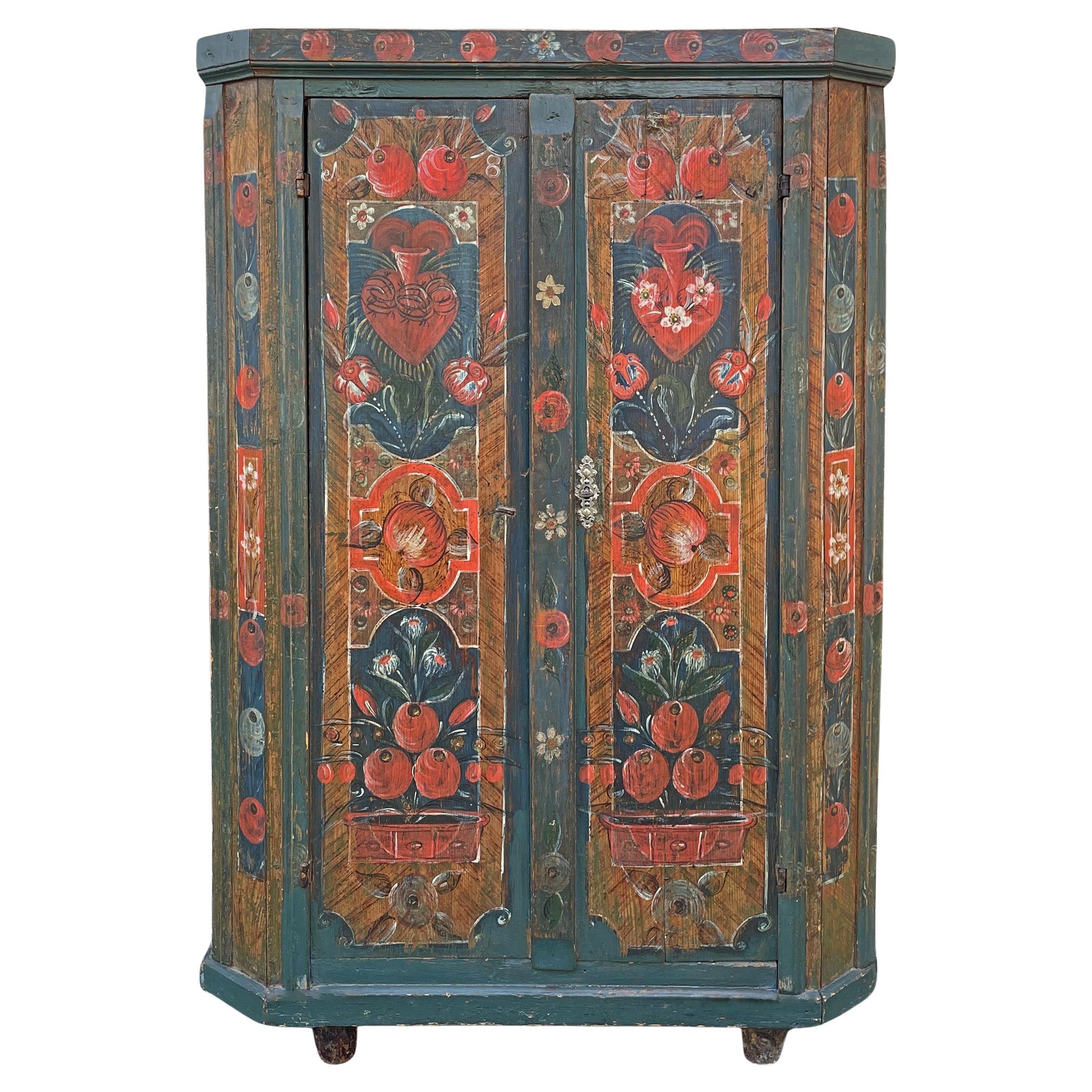 Cupboard Blue Floral Painted - Europe Early 19th Century