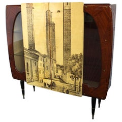 Vintage Cupboard in the Style of Featuring the Medieval Twin Towers of Bologna