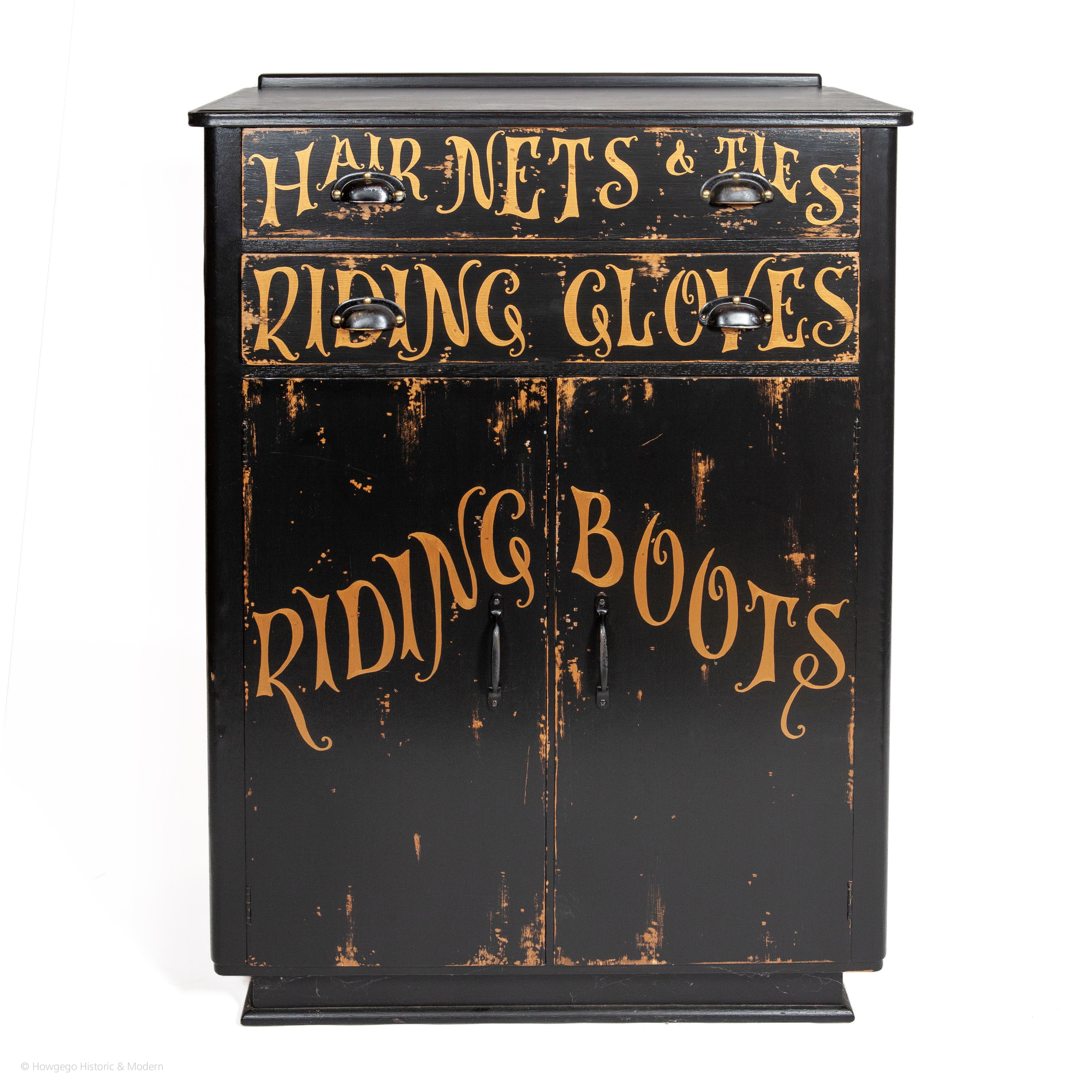 - Unusual eye-catching, characterful cupboard for a bootroom, hall or tackroom
- Fun equestrian interest

The top with a moulding at the back and a solid moulded edge. Two long drawers above a pair of doors opening to reveal a cuboard with