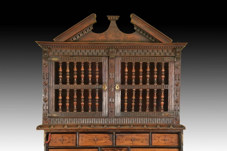 Baroque Cupboard with Writing Desk, Wood, Wrought Iron, Asturias, Spain 17th Century For Sale