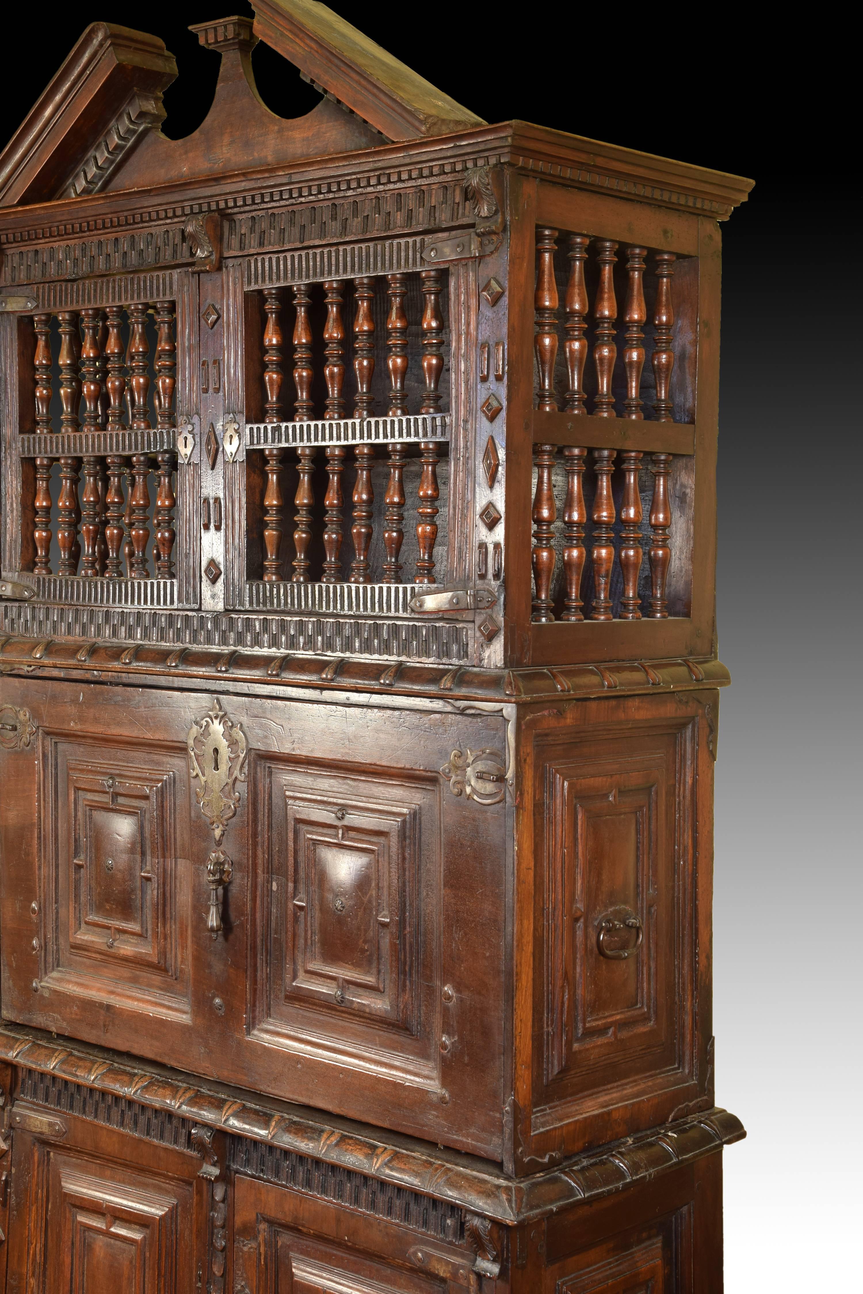 Baroque Cupboard with Writing Desk, Wood, Wrought Iron, Asturias, Spain 17th Century