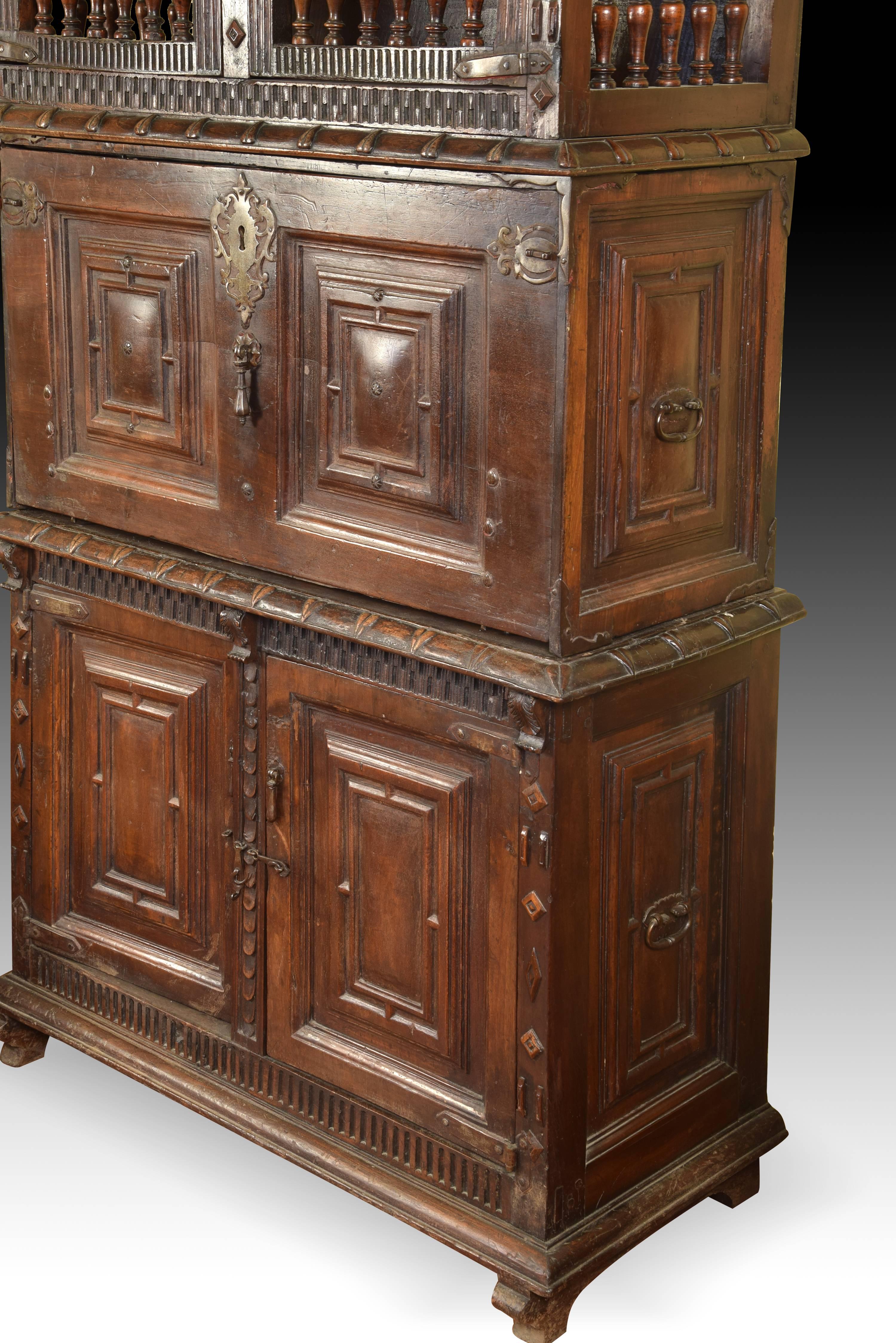 Spanish Cupboard with Writing Desk, Wood, Wrought Iron, Asturias, Spain 17th Century For Sale