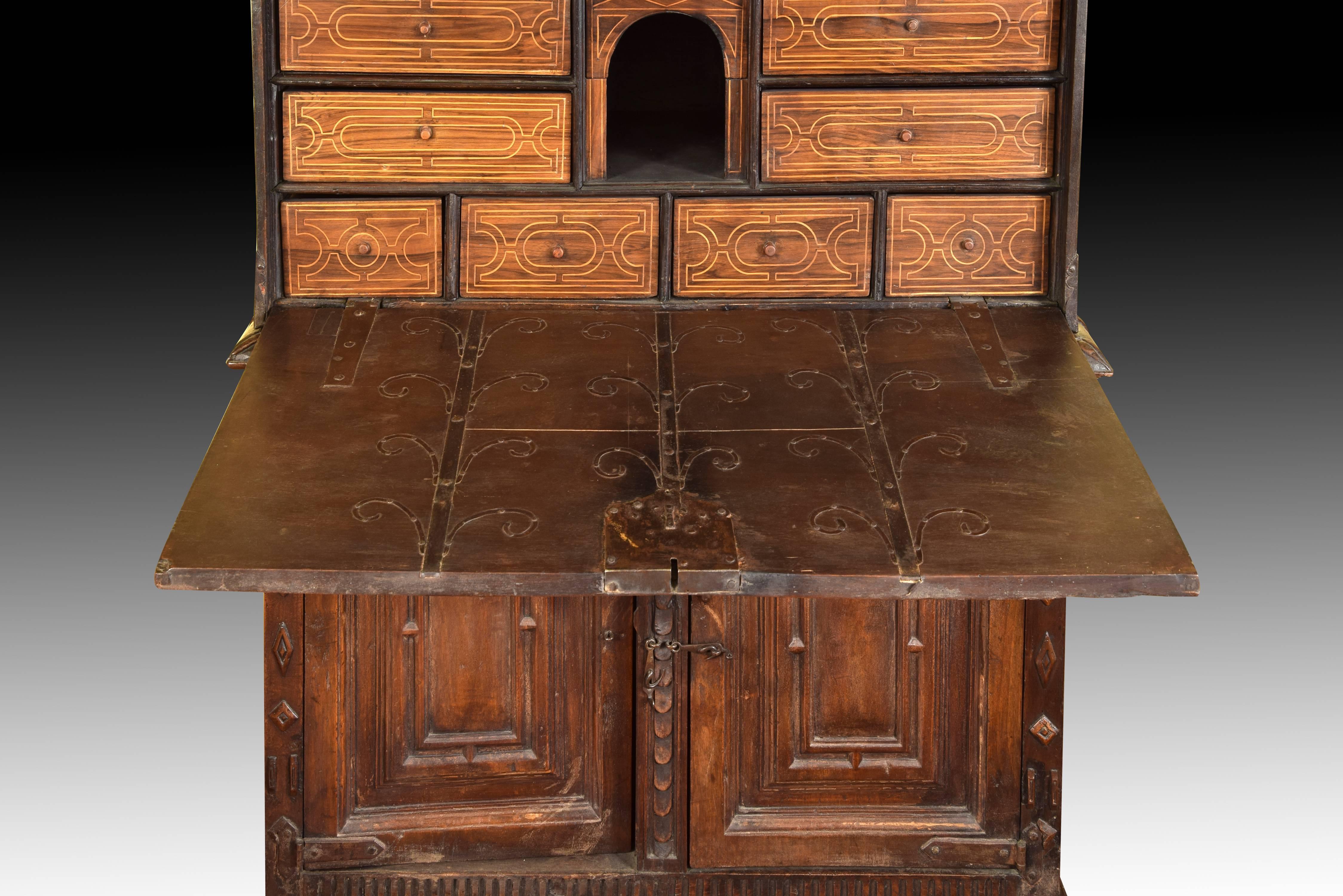 Hand-Carved Cupboard with Writing Desk, Wood, Wrought Iron, Asturias, Spain 17th Century For Sale