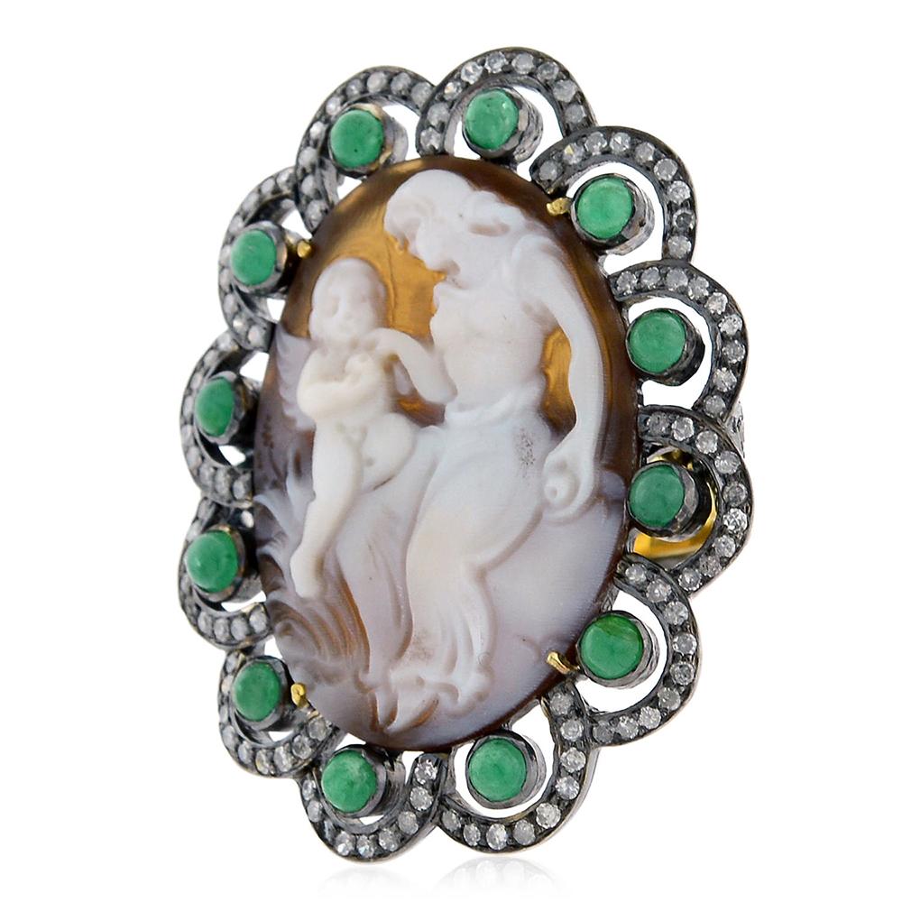 Artisan Cupid and Angel Cameo Ring with Diamonds and Emeralds Around For Sale