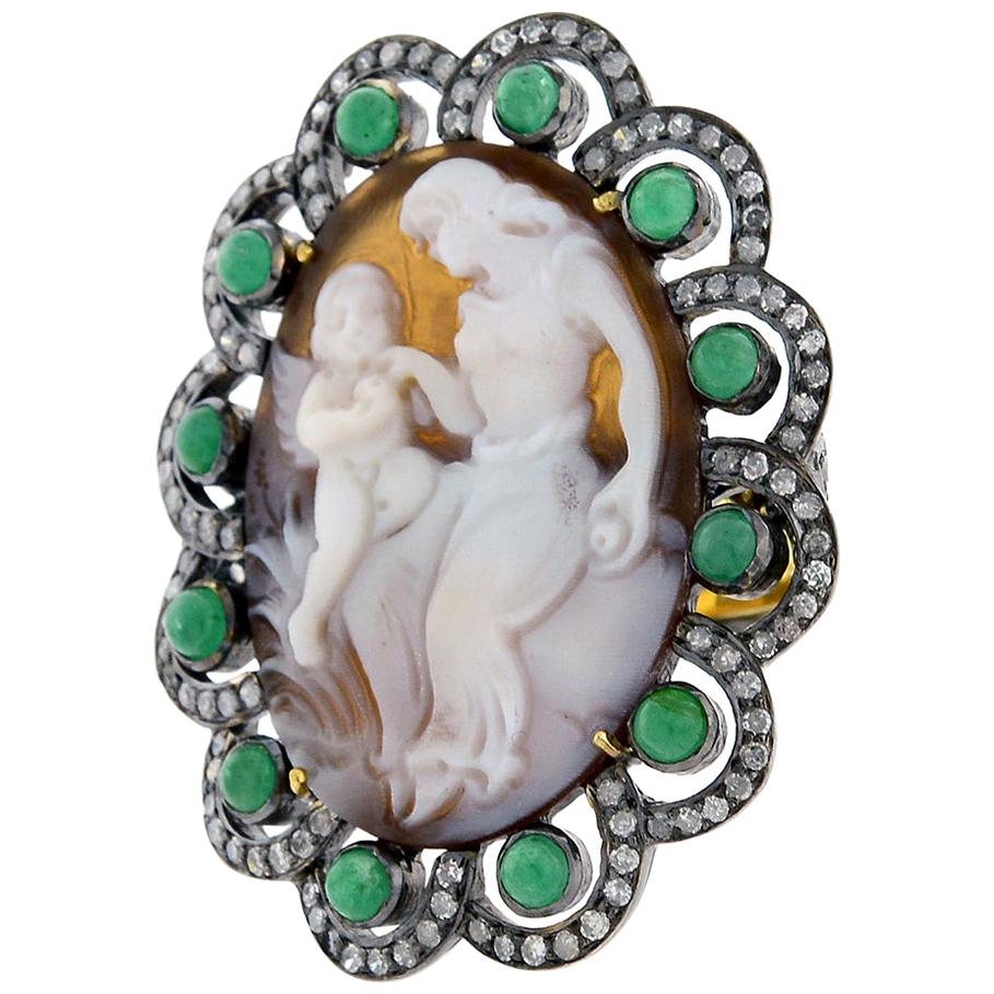 Cupid and Angel Cameo Ring with Diamonds and Emeralds Around For Sale