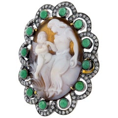 Vintage Cupid and Angel Cameo Ring with Diamonds and Emeralds Around