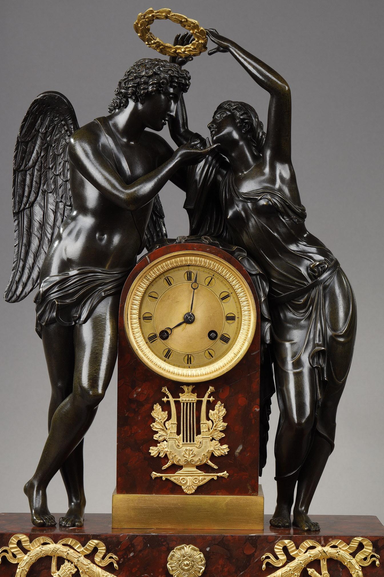 Empire Cupid and Psyche Clock after Claude Michallon For Sale
