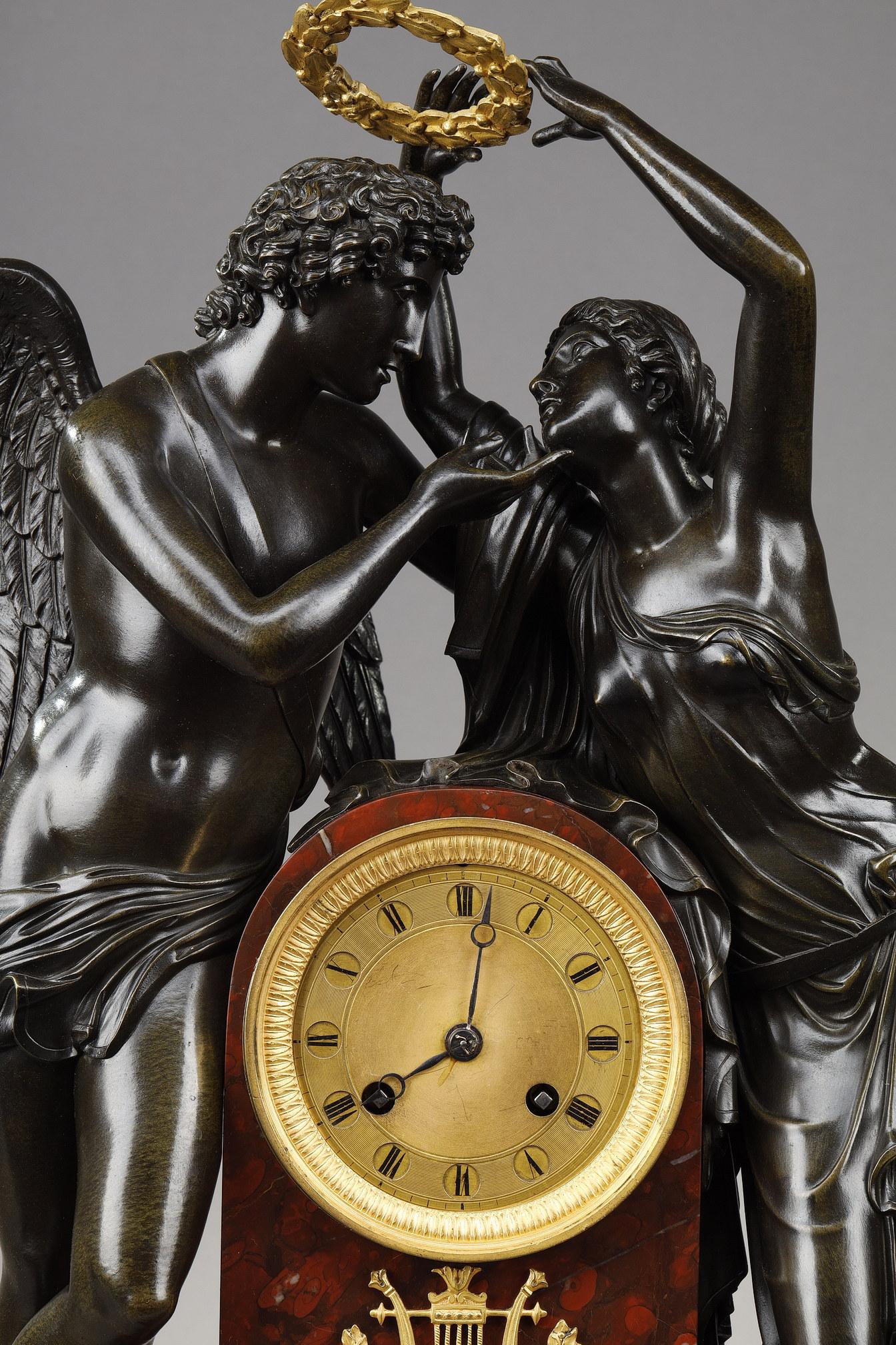 French Cupid and Psyche Clock after Claude Michallon For Sale