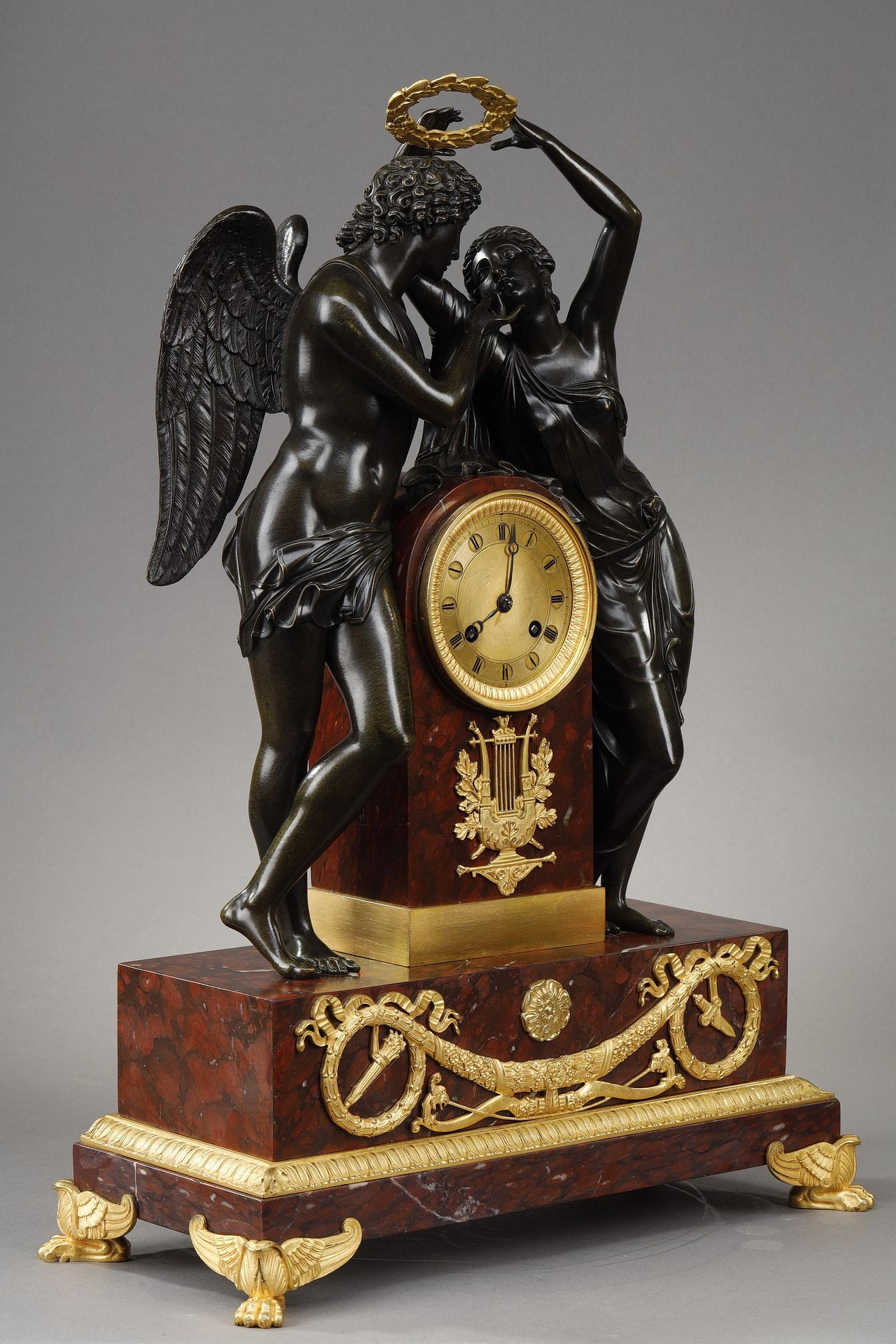 Bronze Cupid and Psyche Clock after Claude Michallon For Sale
