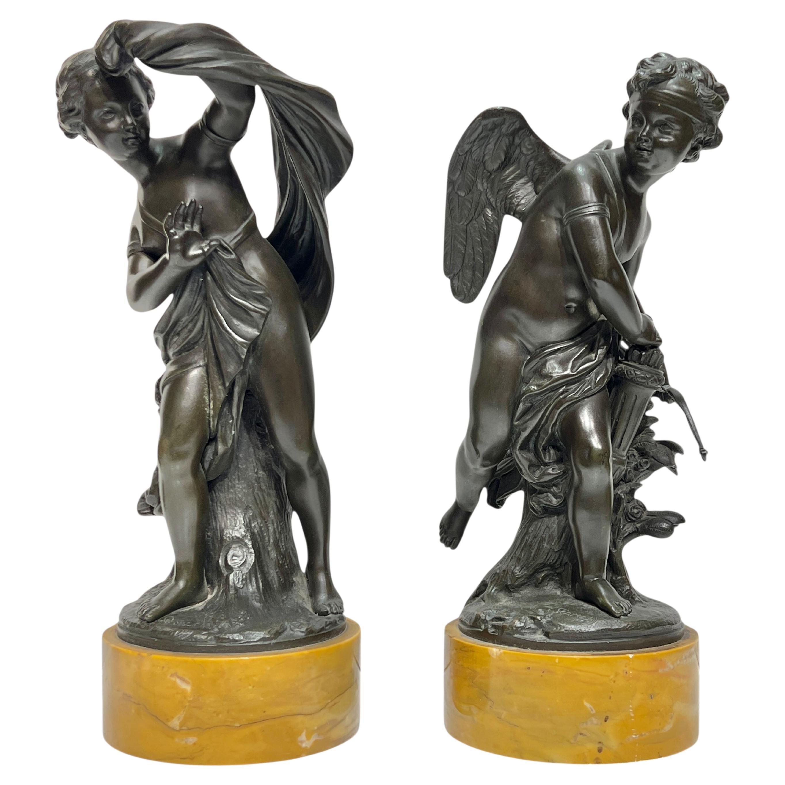 Cupid and Psyche Patinated Bronze and Siena Marble Sculptures
