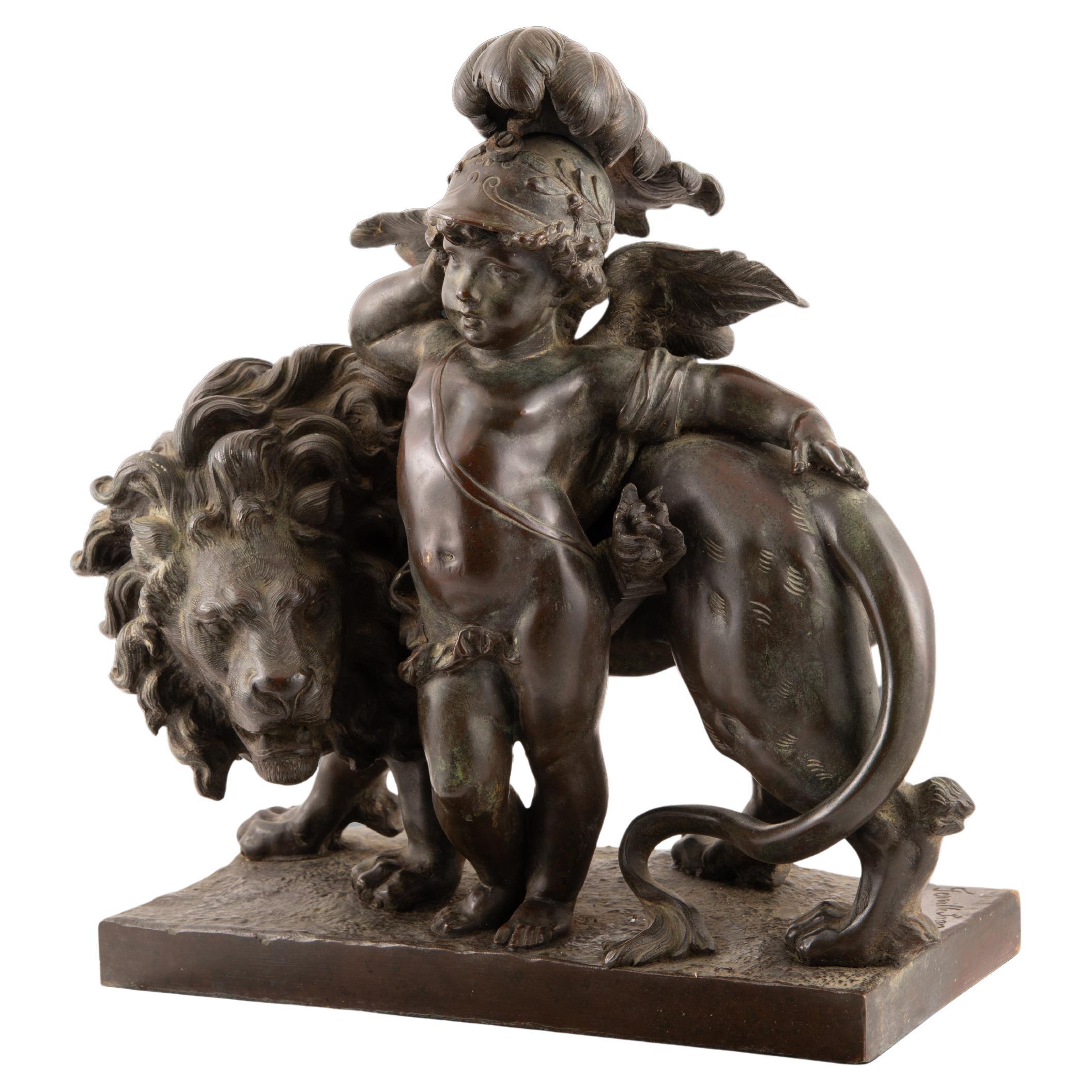 Cupido e il leone. Bronzo. Charles Georges Ferville-Suan (Francia, 1847-1925). in vendita