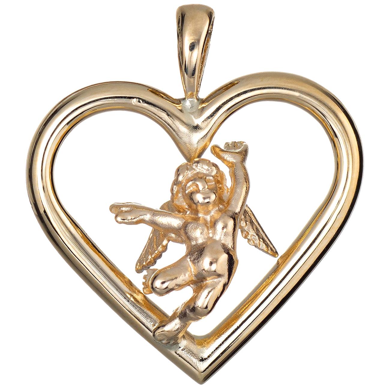 Cupid Angel Heart Pendant Charm Estate 14 Karat Yellow Gold Love Vintage Jewelry
