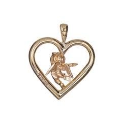 Cupid Angel Heart Pendant Charm Estate 14 Karat Yellow Gold Love Vintage Jewelry