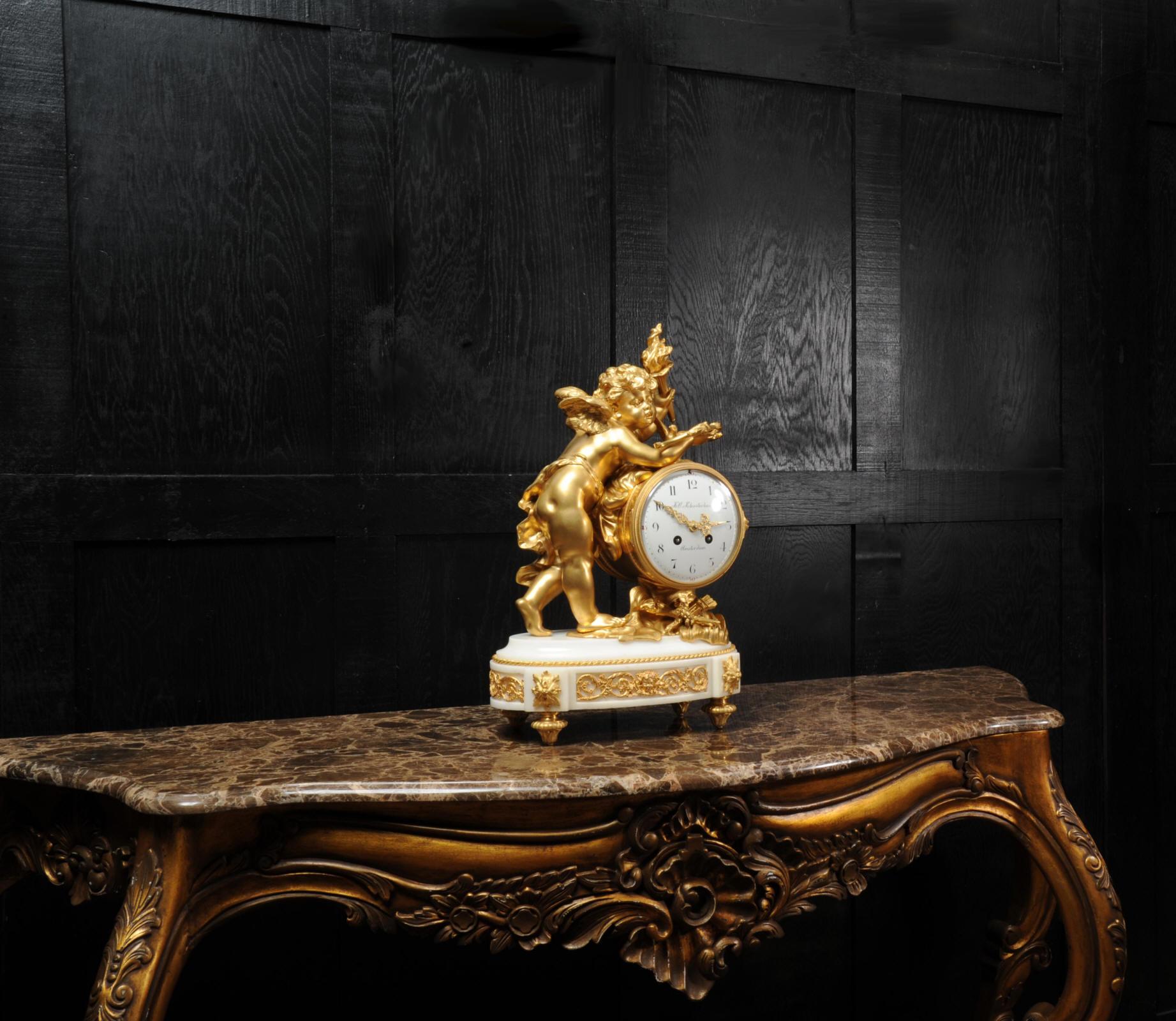 Cupid - Antique French Ormolu Bronze and White Marble Clock 4
