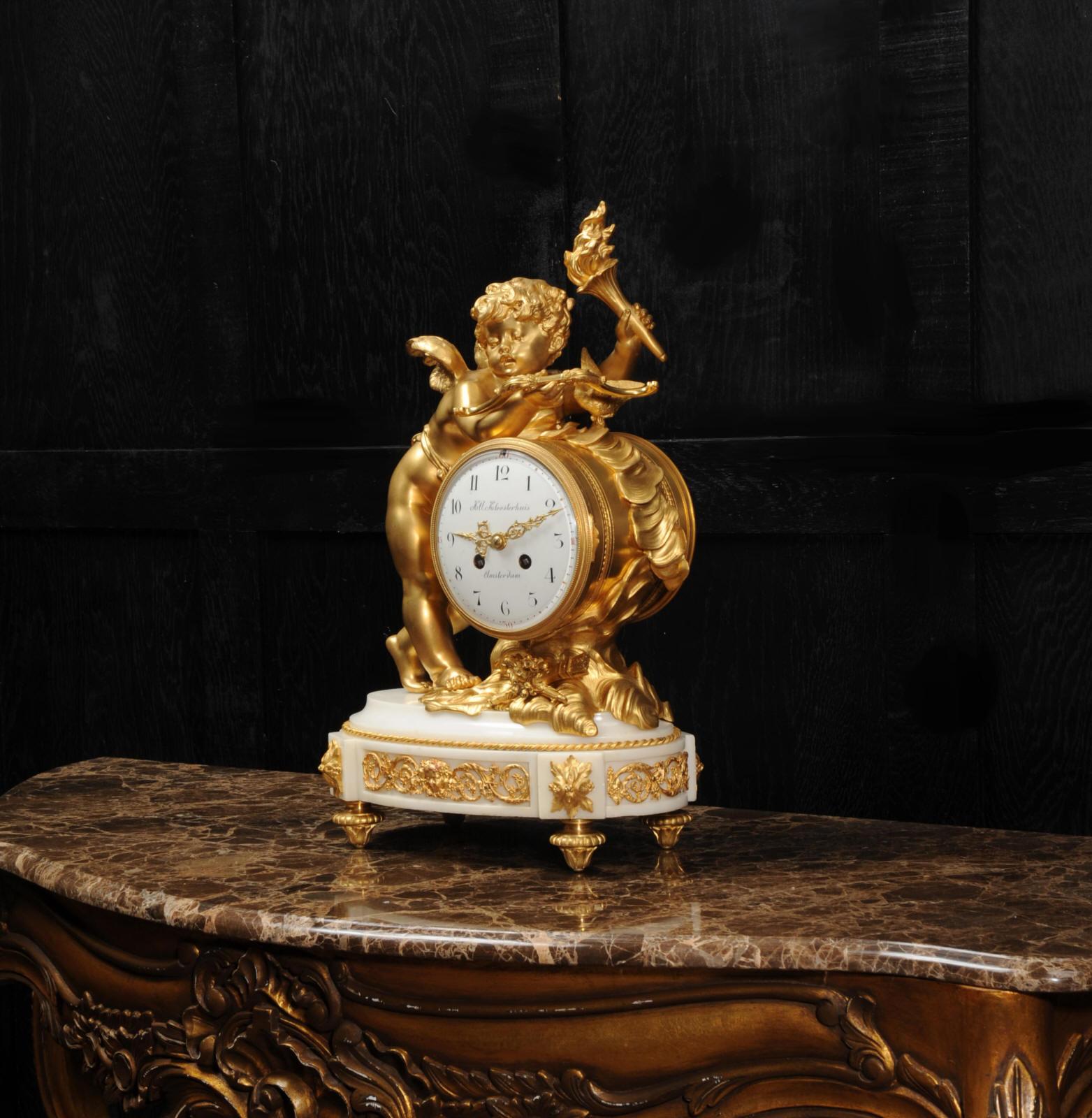 Cupid - Antique French Ormolu Bronze and White Marble Clock 5