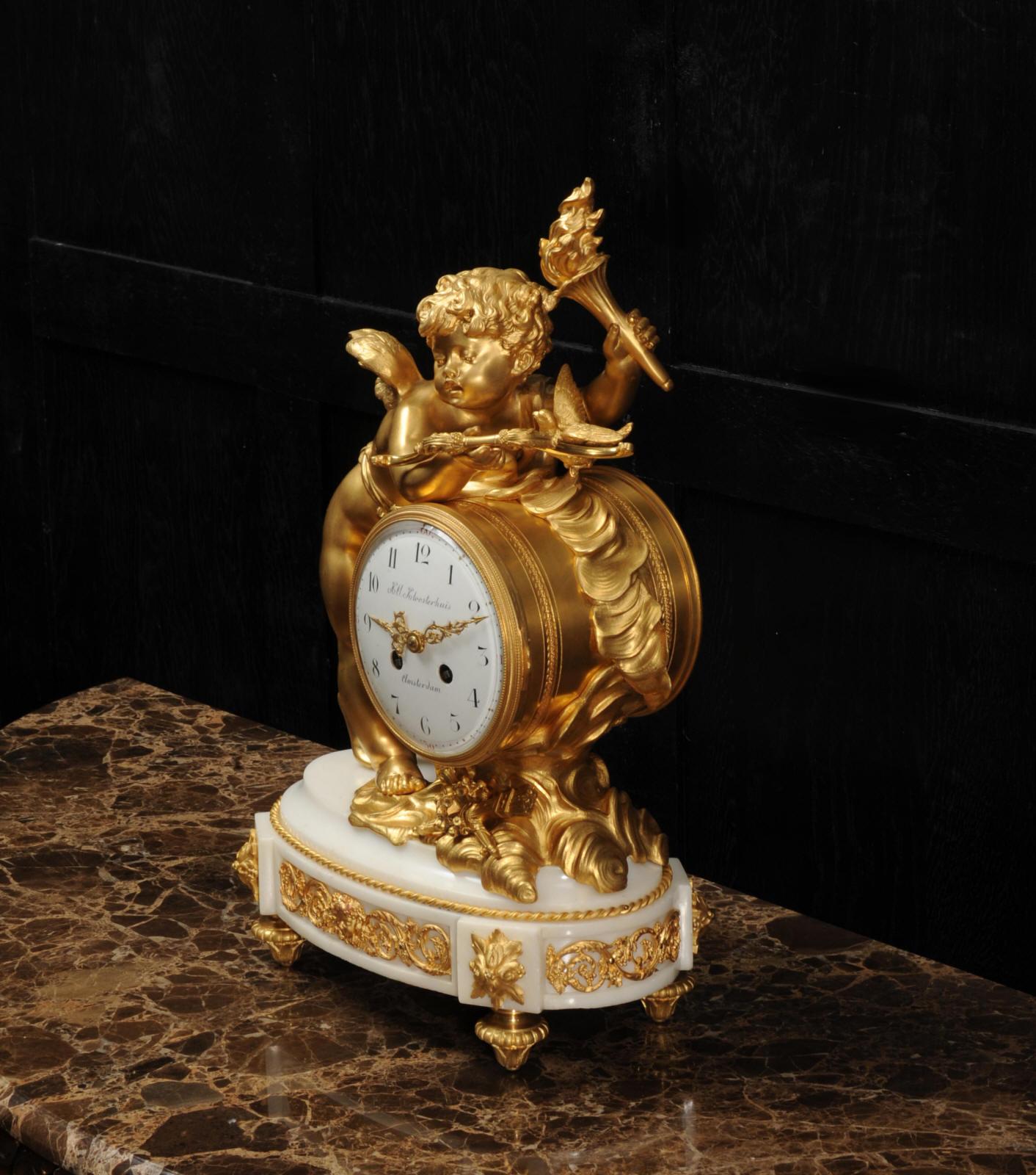 Cupid - Antique French Ormolu Bronze and White Marble Clock 6