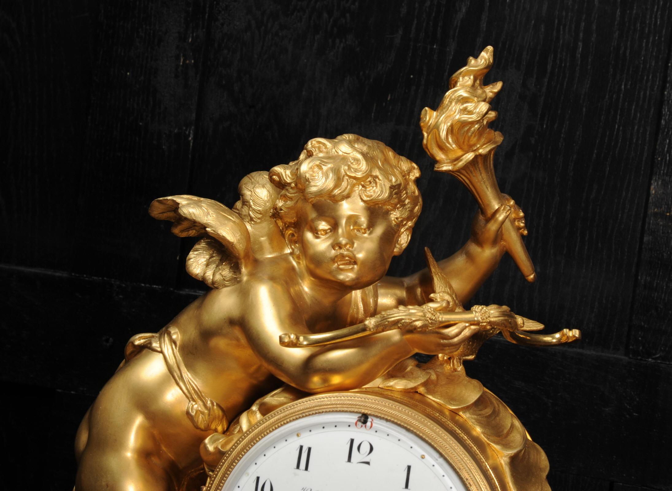 Cupid - Antique French Ormolu Bronze and White Marble Clock In Good Condition In Belper, Derbyshire