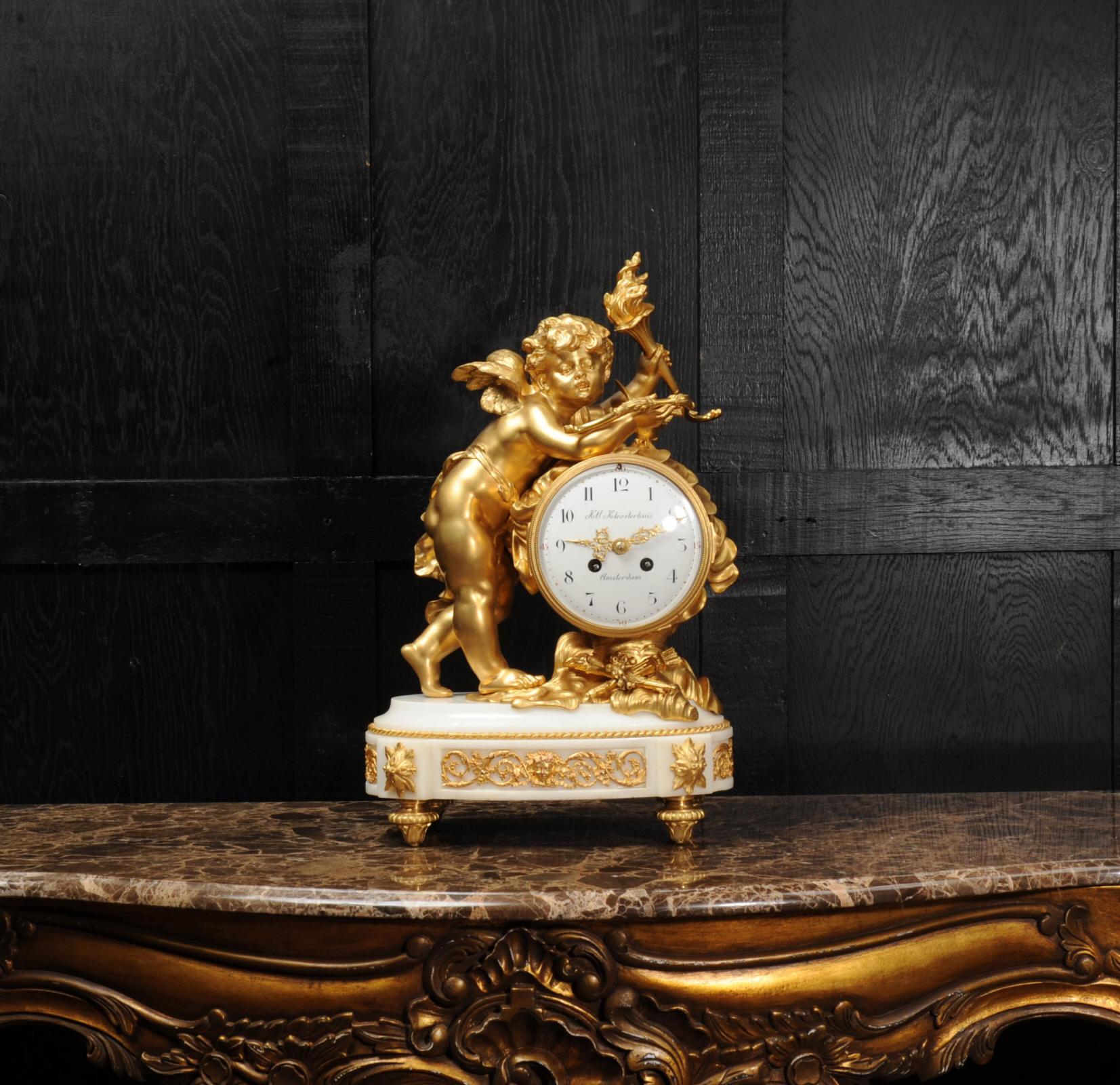Cupid - Antique French Ormolu Bronze and White Marble Clock 2