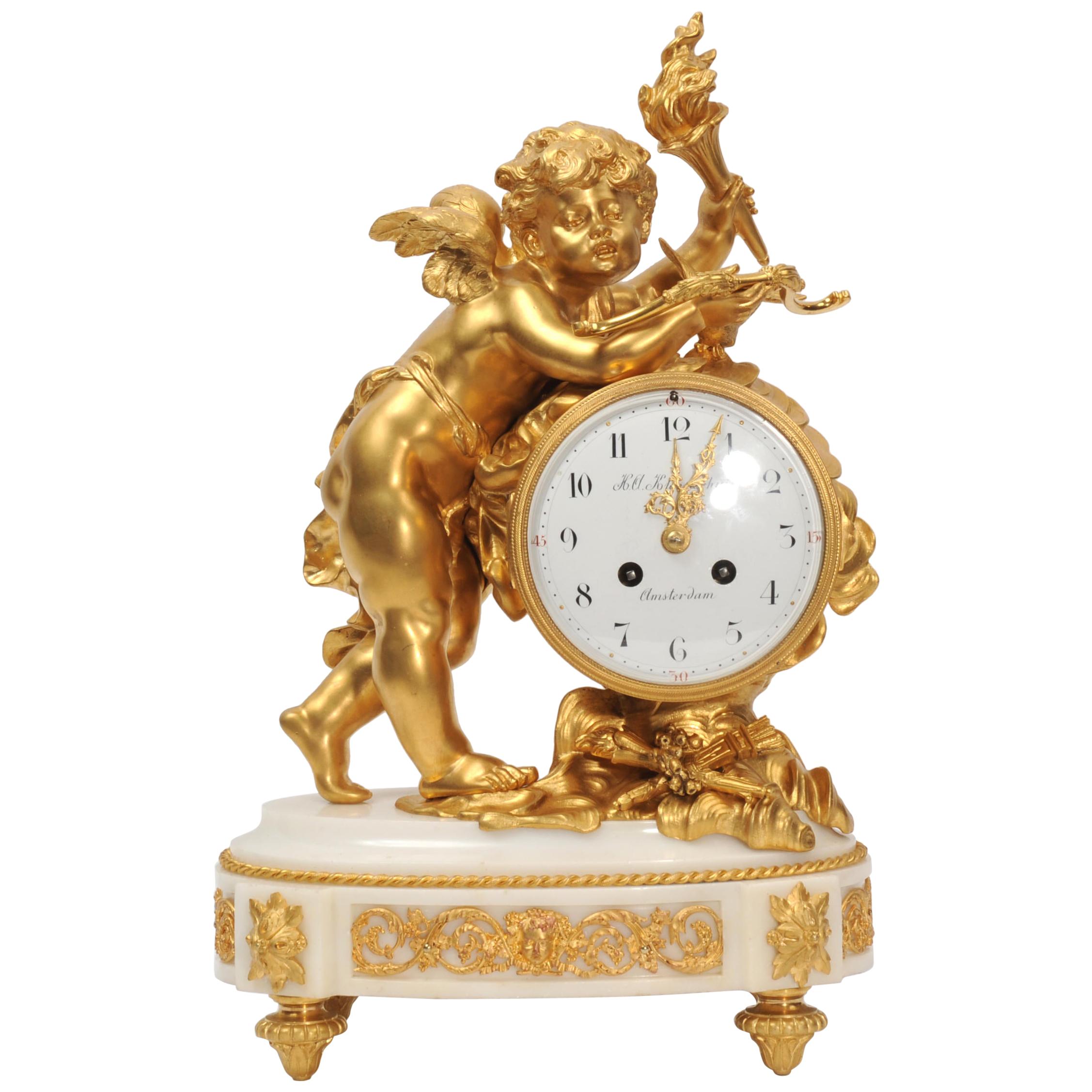 Cupid - Antique French Ormolu Bronze and White Marble Clock