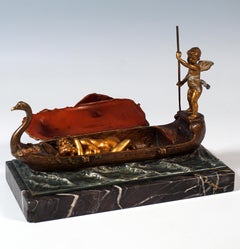 Cupid As A Gondolier, Erotic Viennese Bronze On Marble, by Bergmann, around 1900