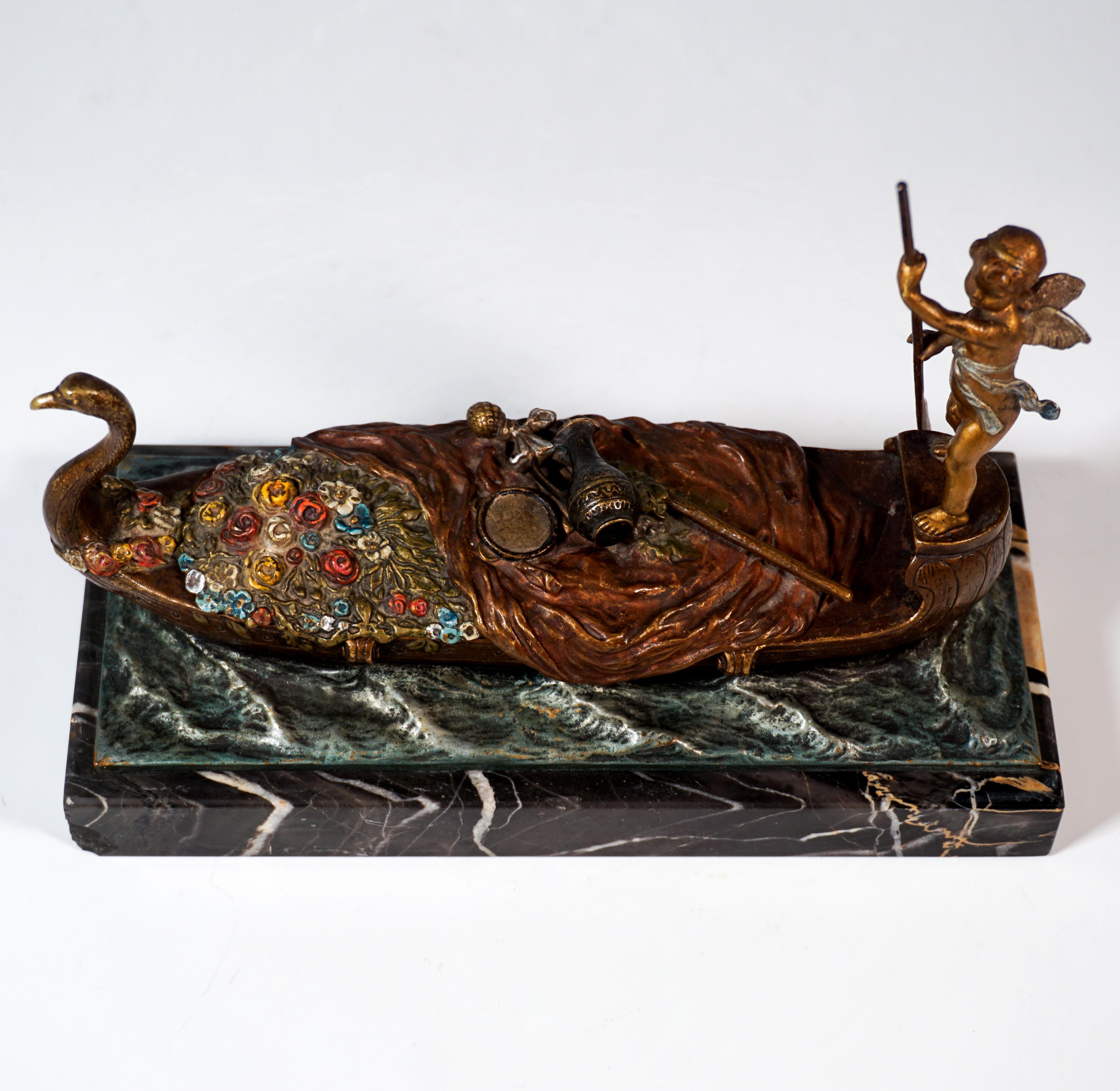 Other Cupid As A Gondolier, Erotic Viennese Bronze On Marble, by Bergmann, around 1900 For Sale