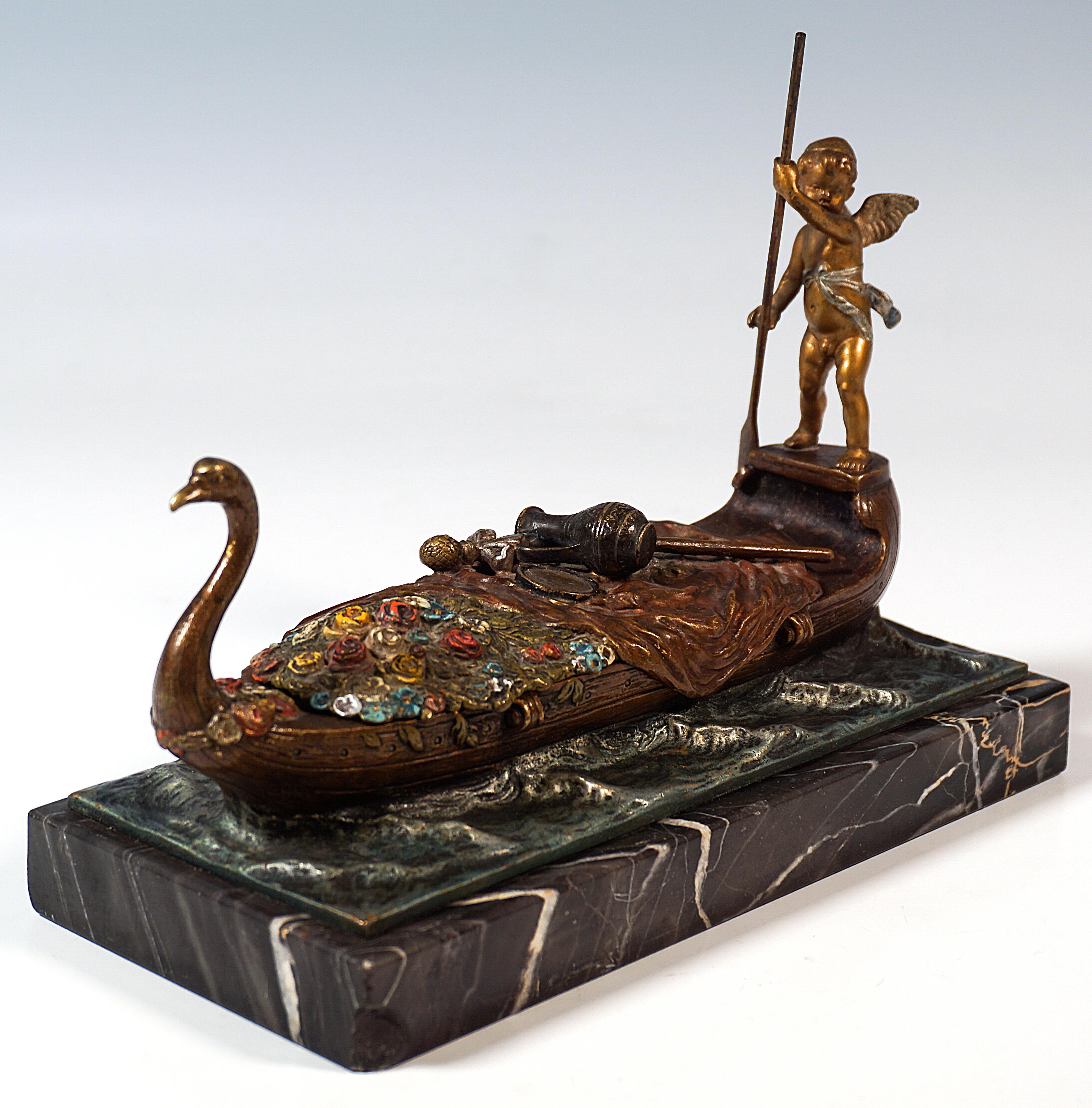 Austrian Cupid As A Gondolier, Erotic Viennese Bronze On Marble, by Bergmann, around 1900 For Sale