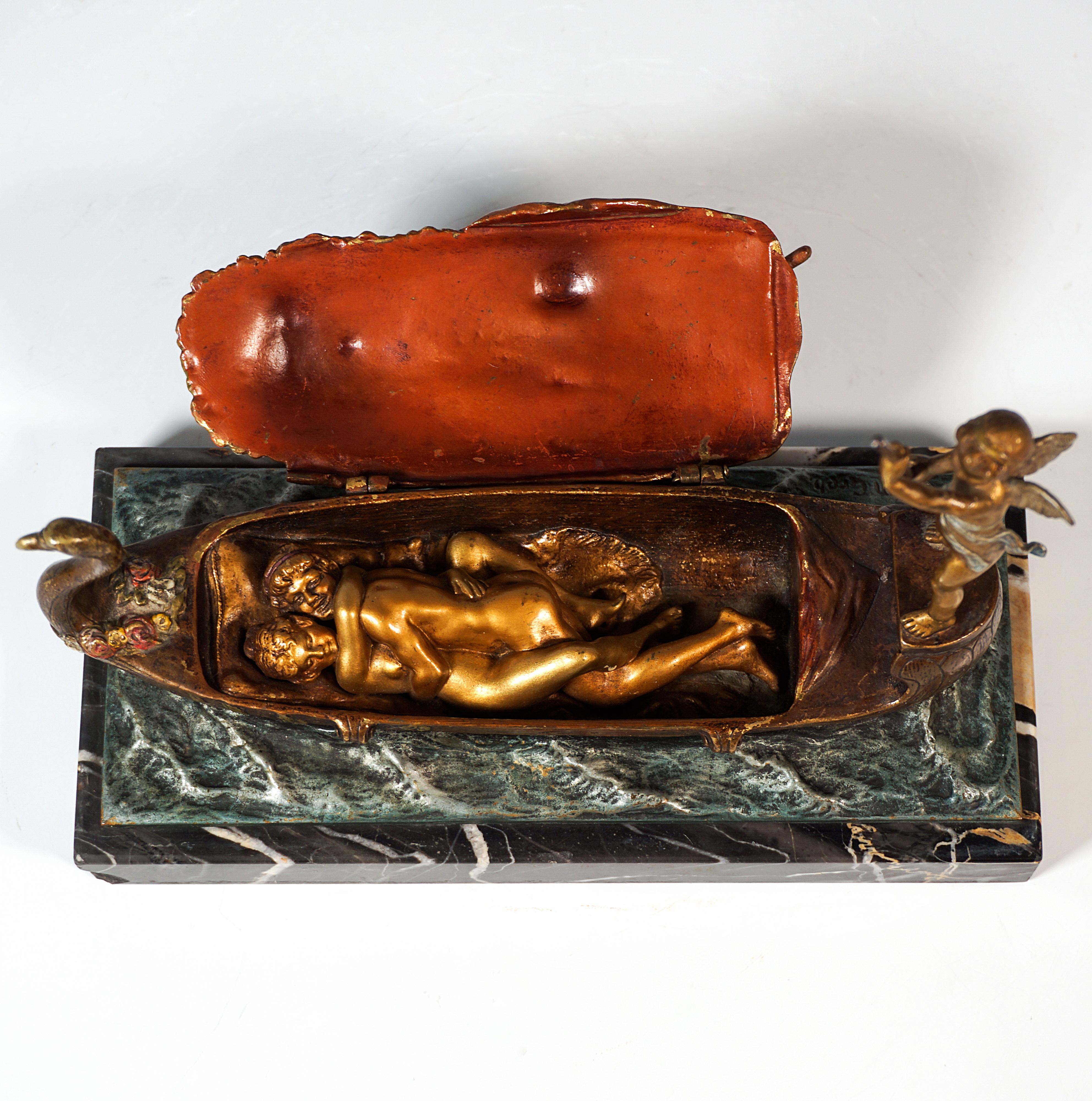 Cold-Painted Cupid As A Gondolier, Erotic Viennese Bronze On Marble, by Bergmann, around 1900 For Sale