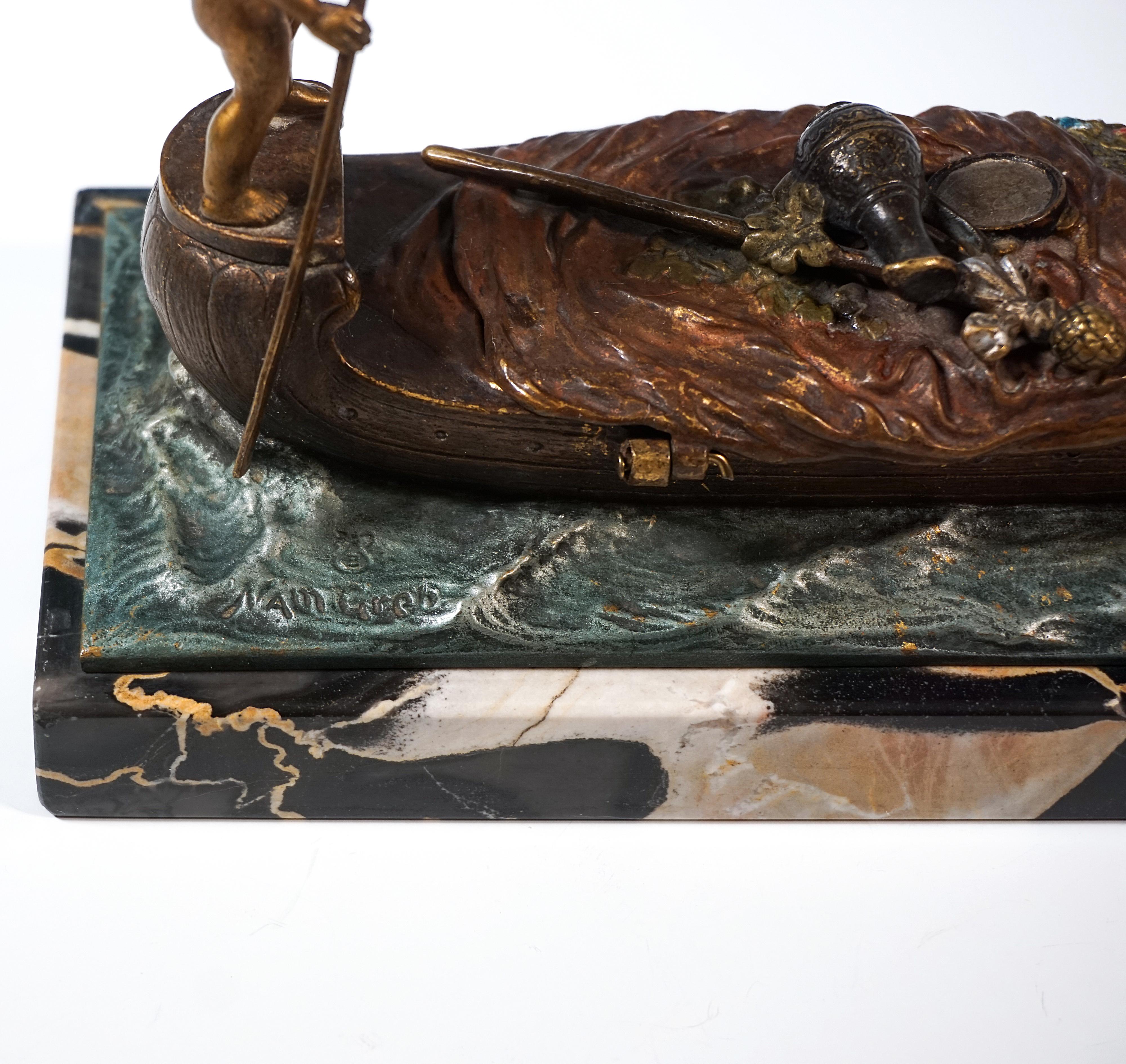Early 20th Century Cupid As A Gondolier, Erotic Viennese Bronze On Marble, by Bergmann, around 1900 For Sale