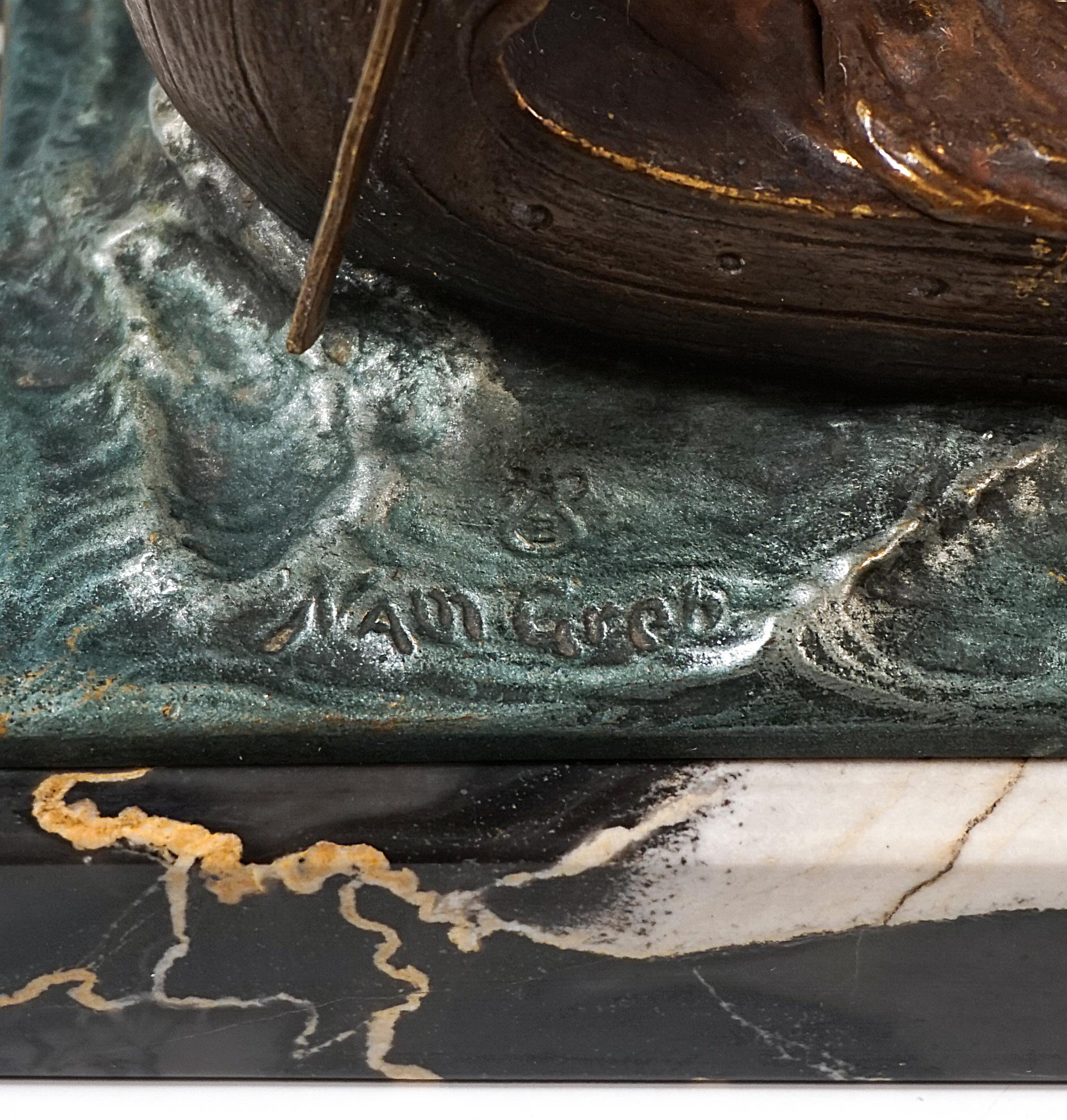 Cupid As A Gondolier, Erotic Viennese Bronze On Marble, by Bergmann, around 1900 For Sale 1