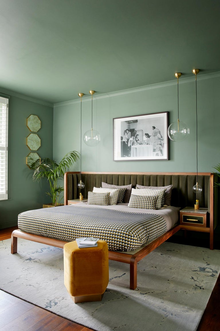 Cupid Bed in Black American Walnut and Velvet with Integrated Bedside