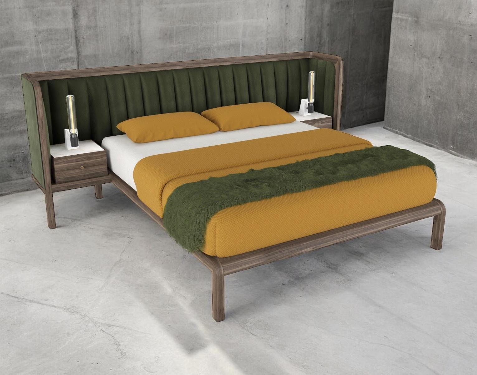 Amor-Bett mit Show-Holz- und Novasuede-Kommoden und integriertem Nachttisch im Zustand „Neu“ im Angebot in London, GB