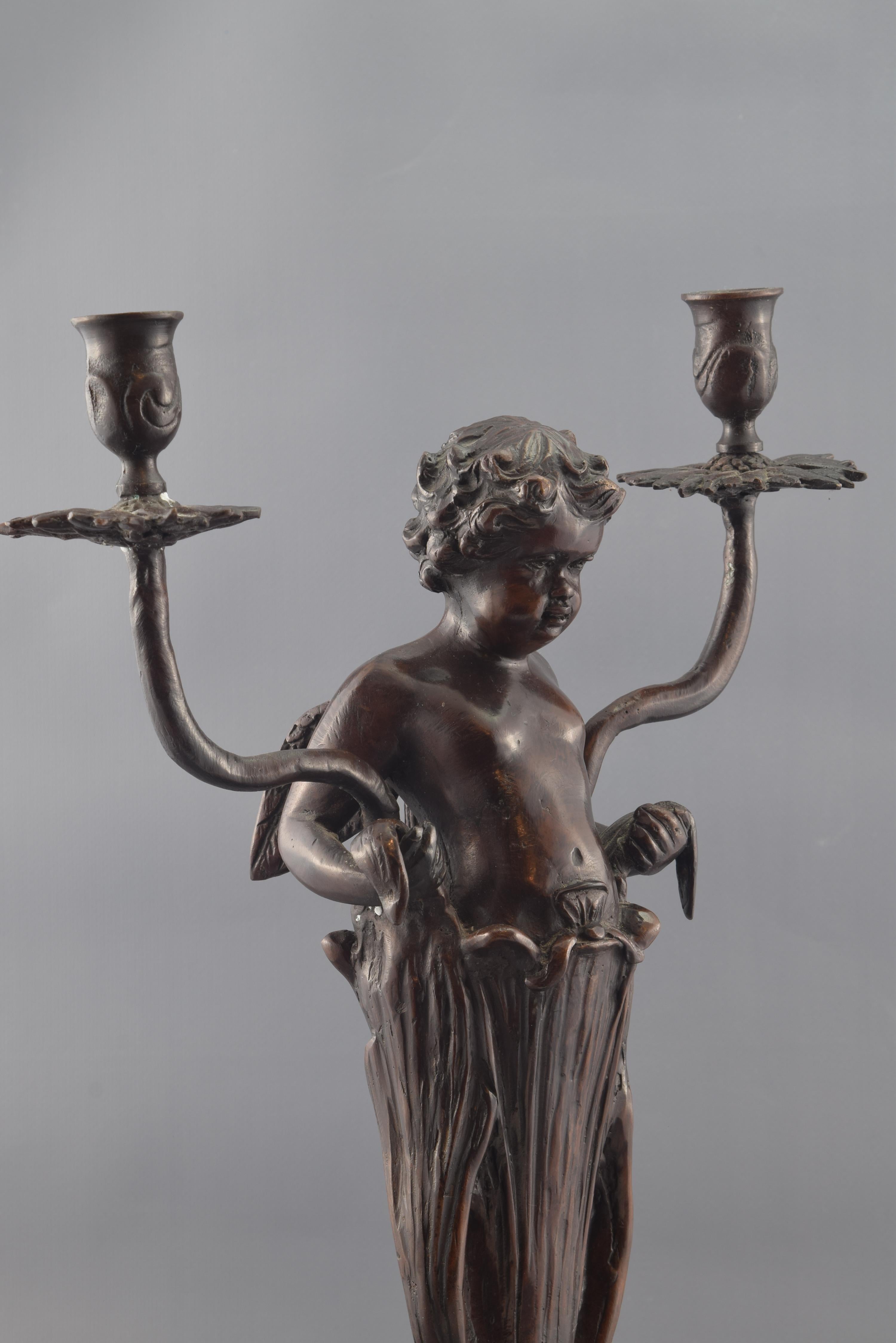 Cupid Candelabrum, Bronze, Marble In Good Condition In Madrid, ES