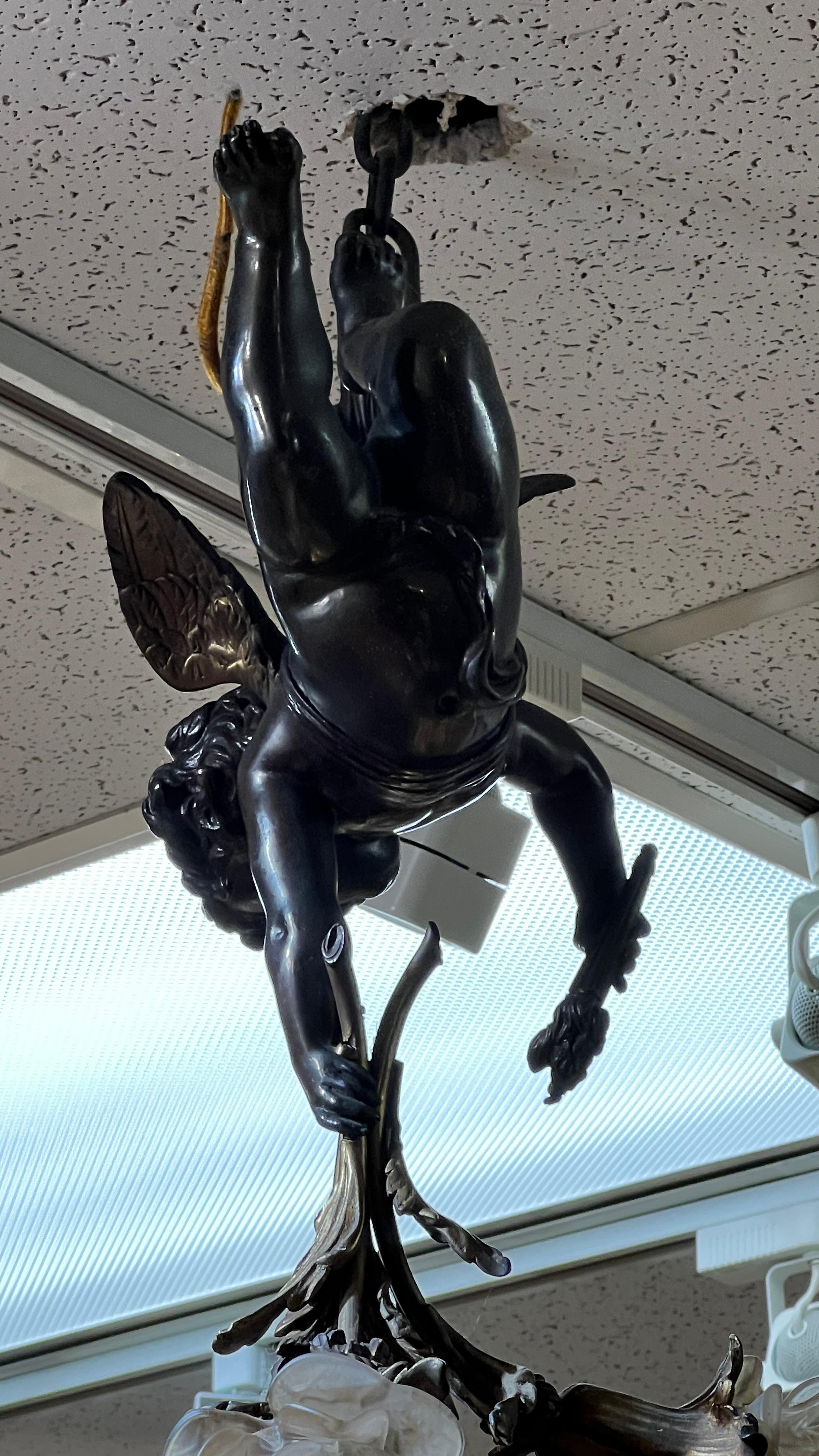 Neoclassical Cupid Cherub Form Three-Light Bronze Chandelier