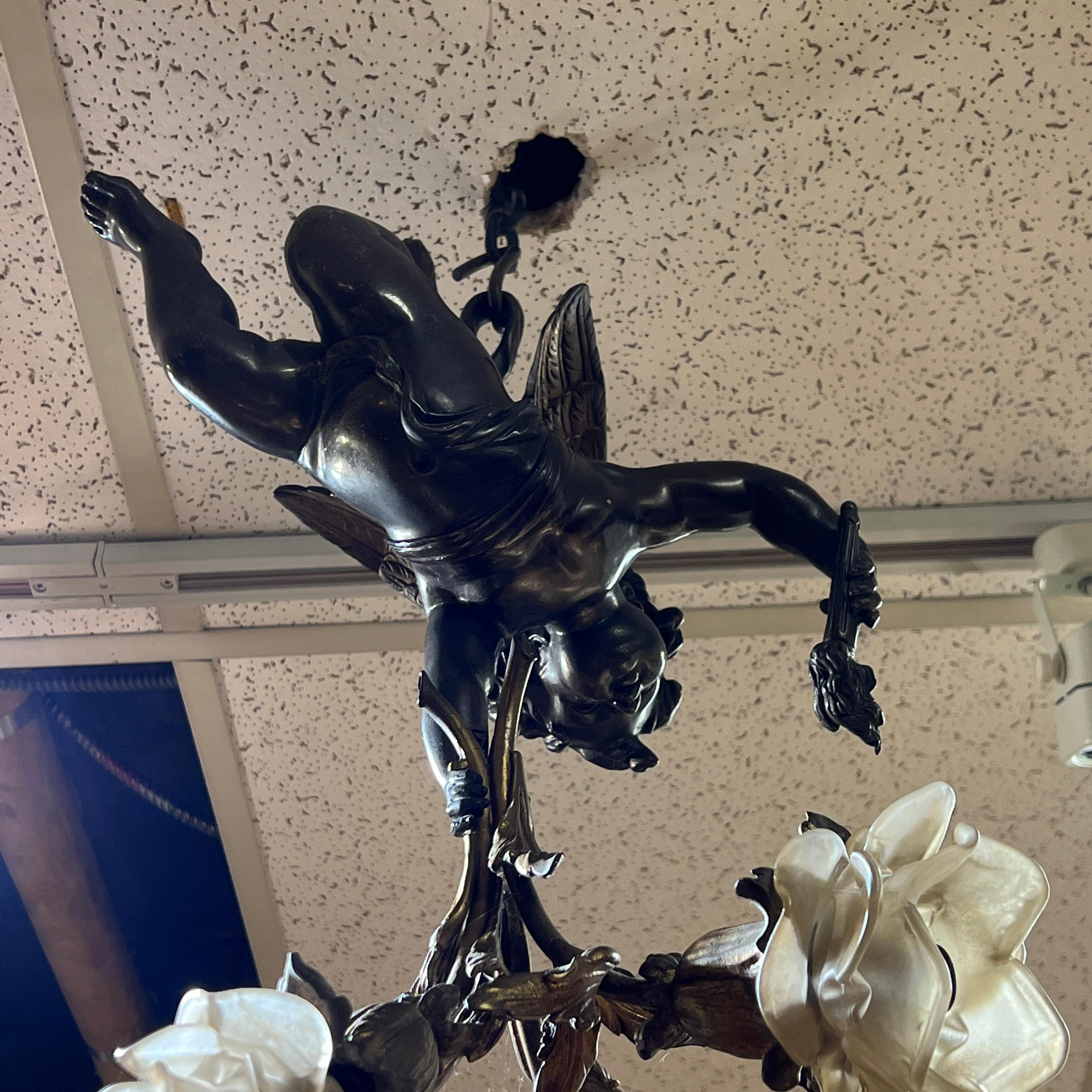 Cupid Cherub Form Three-Light Bronze Chandelier In Good Condition In New York, NY