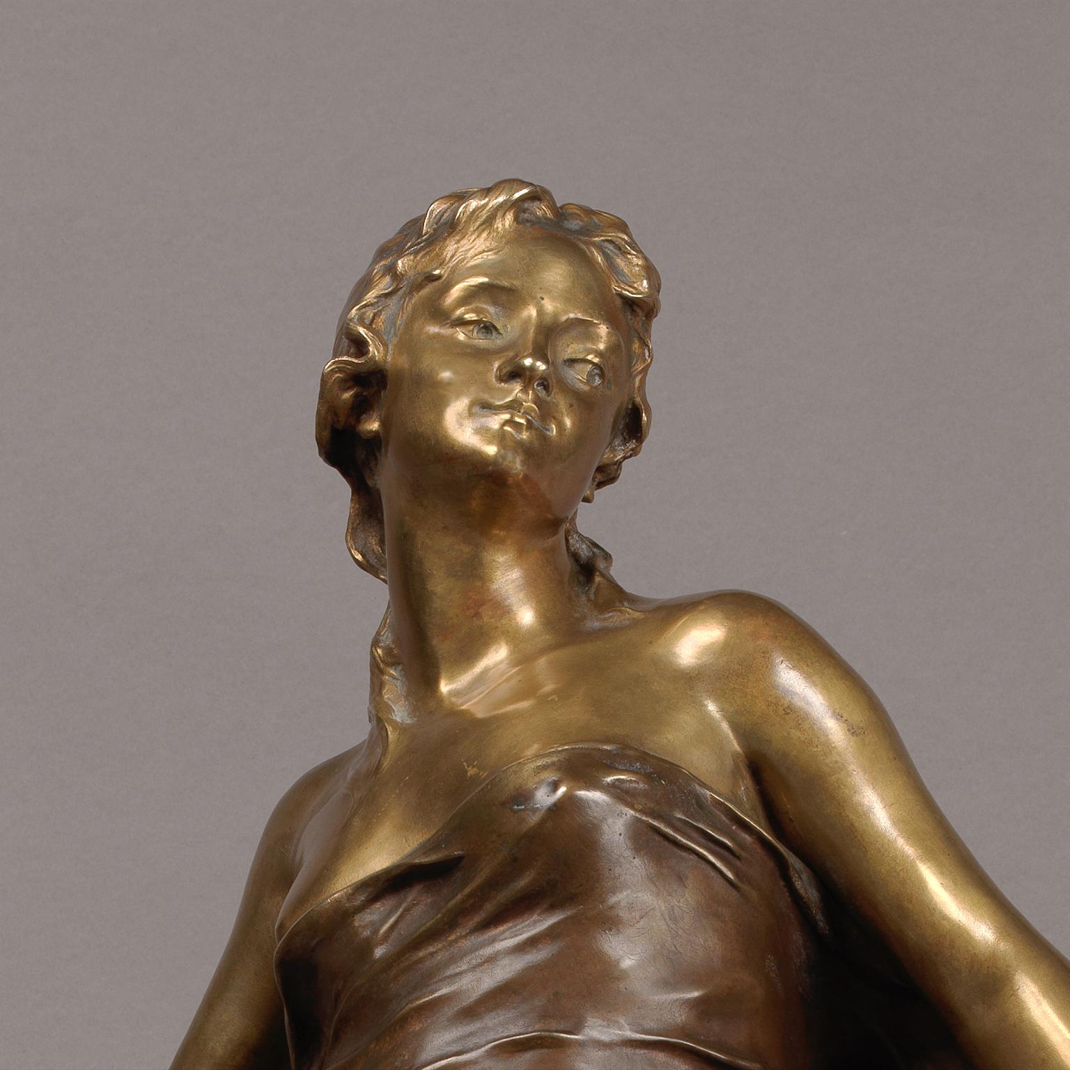 'Cupid & Psyche' - An important parcel-gilt and patinated bronze figure, by François-Raoul Larche. 

Signed to the base 'Raoul Larche 1891'.

This finely cast parcel-gilt bronze figure depicts Cupid and Psyche with Zephyr. 

François-Raoul