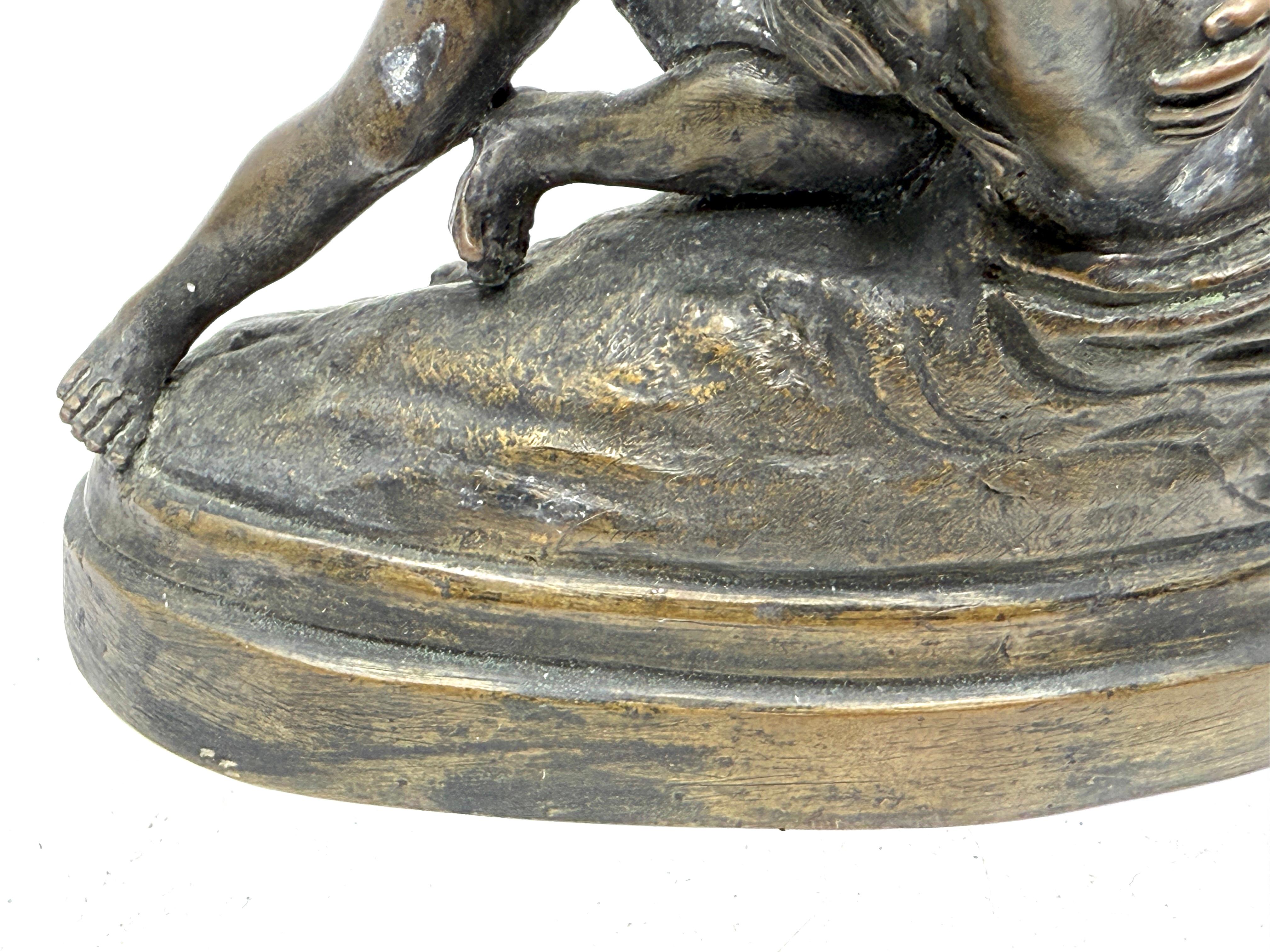 A nice little bronze Grand Tour NeoClassical Souvenir of Canova’s 18th century marble masterpiece in the Louvre Psyche revived with Cupid’s kiss. This little bronze is nicely done for its diminutive size. 
In good overall condition with some patina