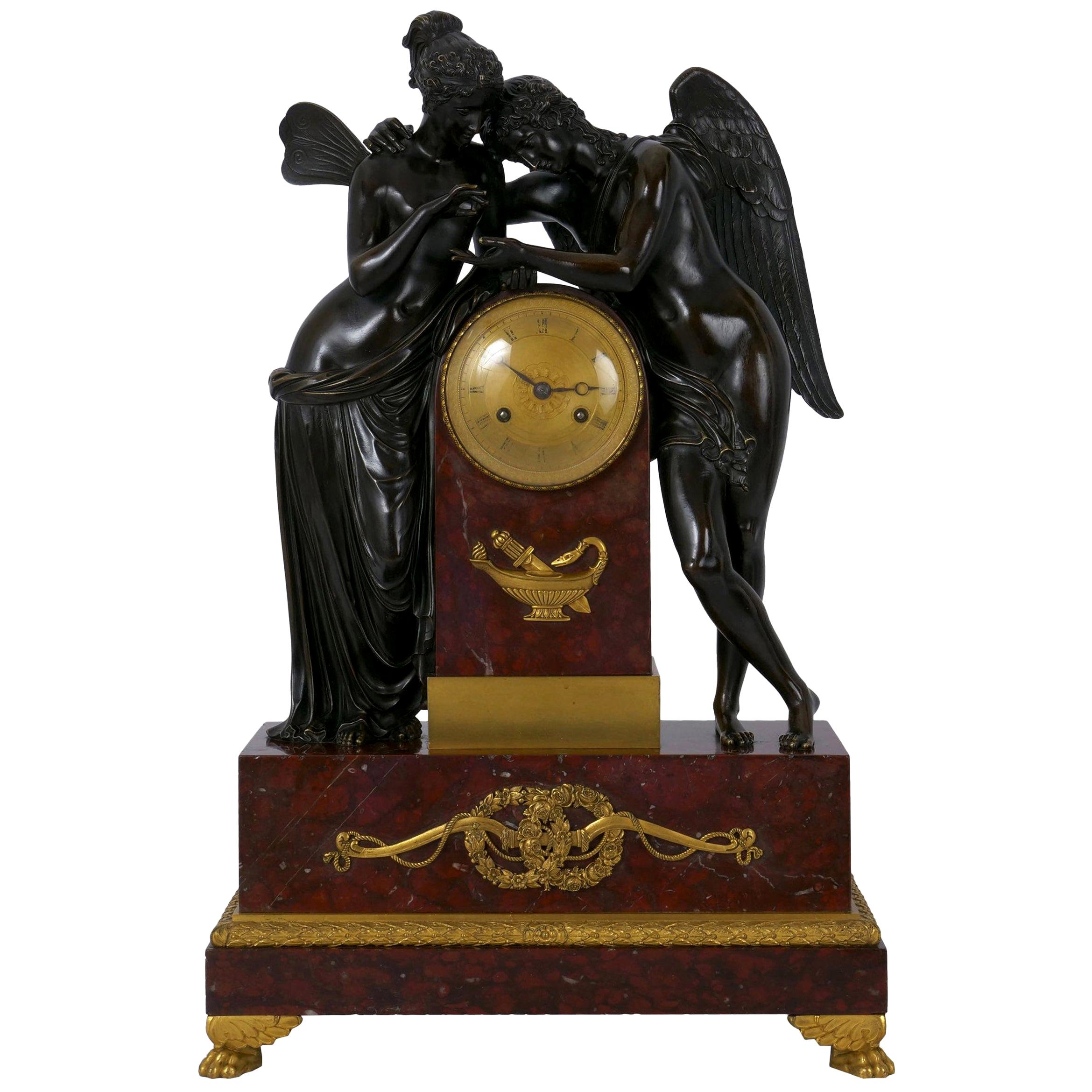 “Cupid & Psyche” French Empire Bronze Sculpture Mantel Clock, circa 1815