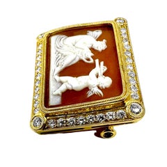 Cupid & Psyche Rectangular Shape Cameo Brooch in Yellow Gold with Diamond Border