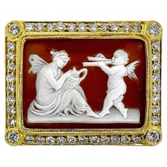 Vintage Cupid & Psyche Rectangular Shape Cameo Brooch in Yellow Gold with Diamond Border